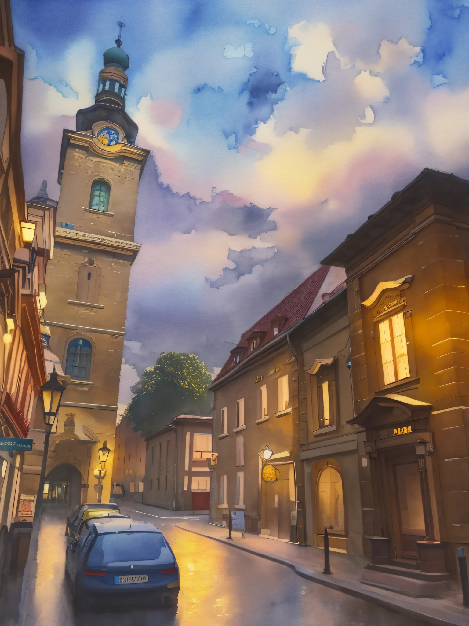 there is a car parked on the side of the road in front of a building, old town, remove cars, add 19th century people walking on the street, view from the street, old city, in city street, view from the streets, street scene with water tower, old buildings, streetscape, church in the background, baroque winding cobbled streets, Klatovy, street view, high contrast, night rainy atmosphere, watercolor aquarelle detailed
