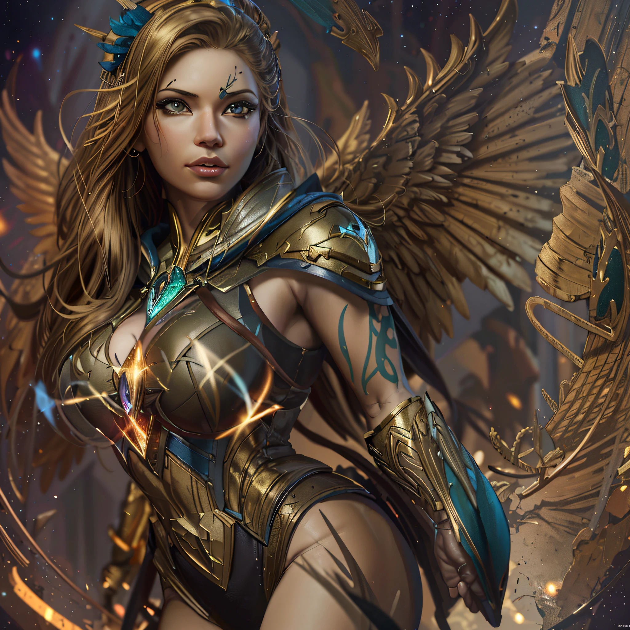 arafed woman with wings and a gold outfit posing for a picture, artgerm julie bell beeple, mystical atlantean valkyrie, karol bak uhd, deviantart artstation cgscosiety, wlop art, fantasy art behance, devianart and cgsociety, 4k fantasy art, wlop and artgerm, artstation masterpiece