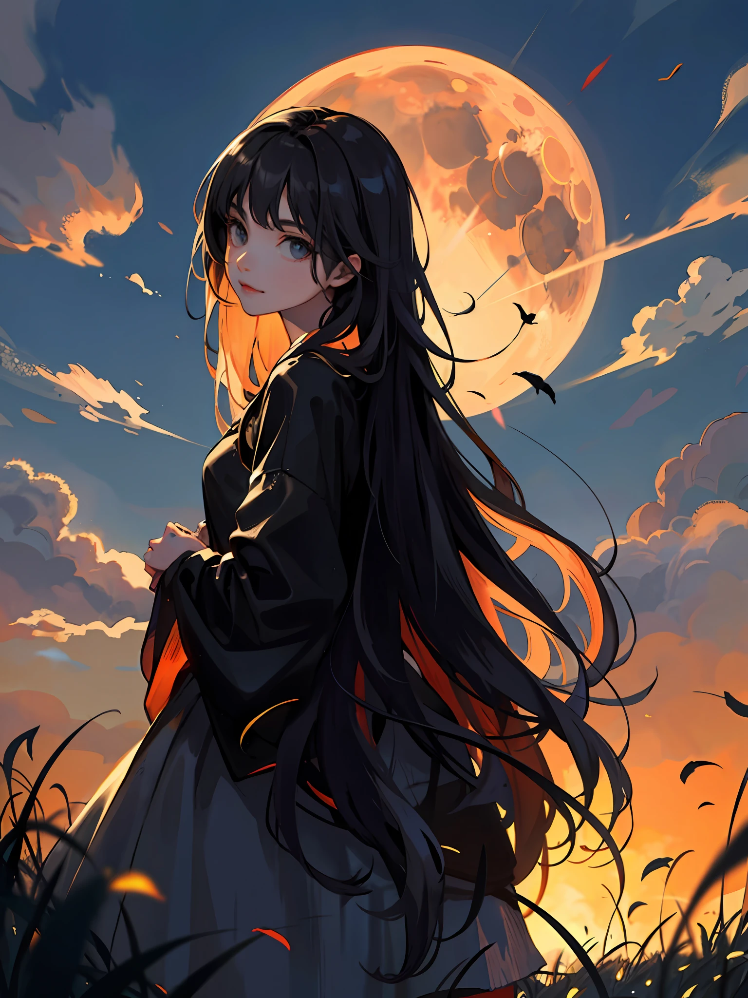 Masterpiece, best quality, night, hills, clouds, full moon, long hair, woman, silhouette, firefly.