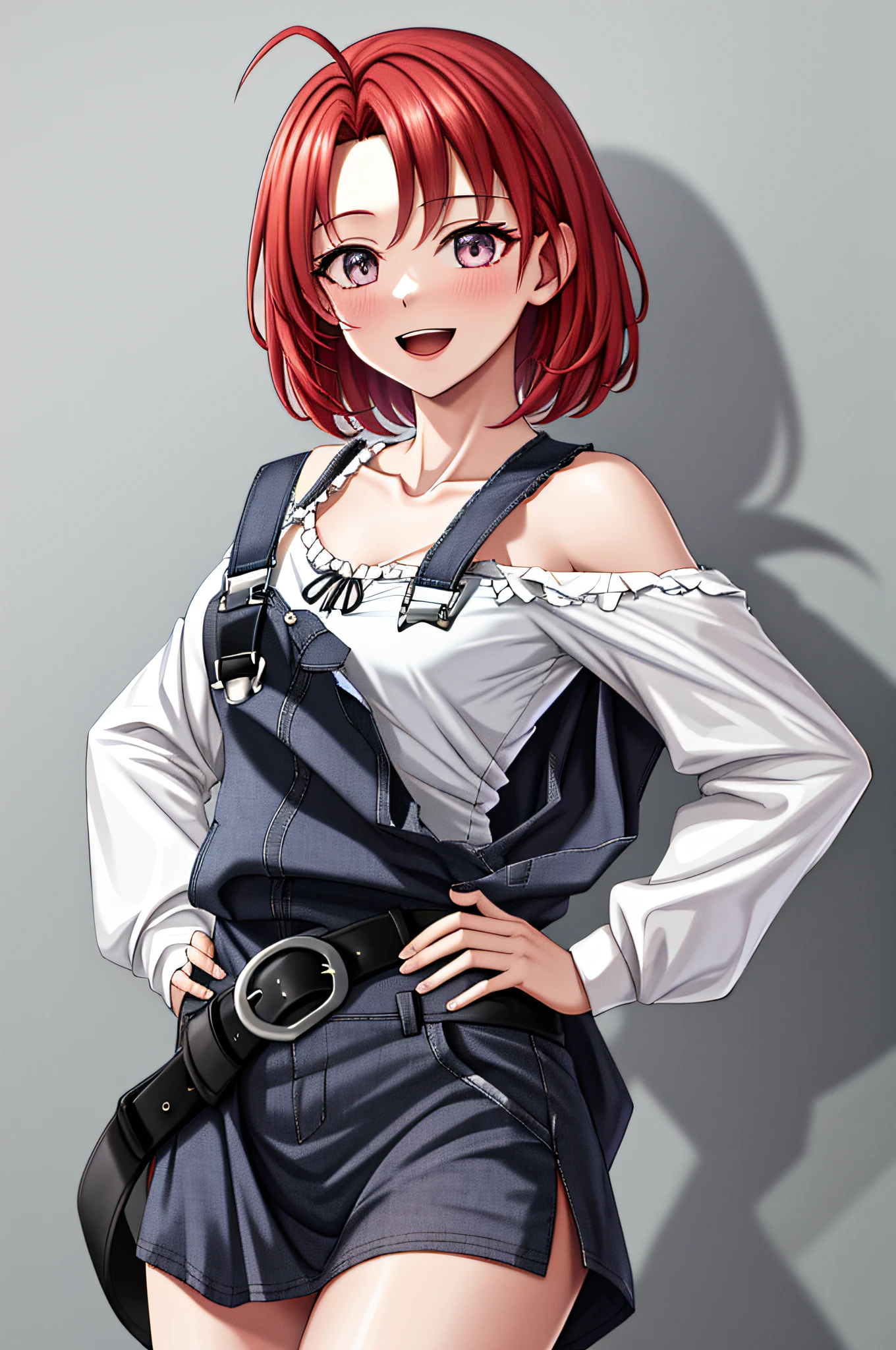 masterpiece, Top Quality, Hi-Res, GSCG, Aboge, Overalls, White shirt, Clavicle, Off shoulder, Long sleeve, Belt, Black skirt, Cowboy shot, :d, Hands on hips,