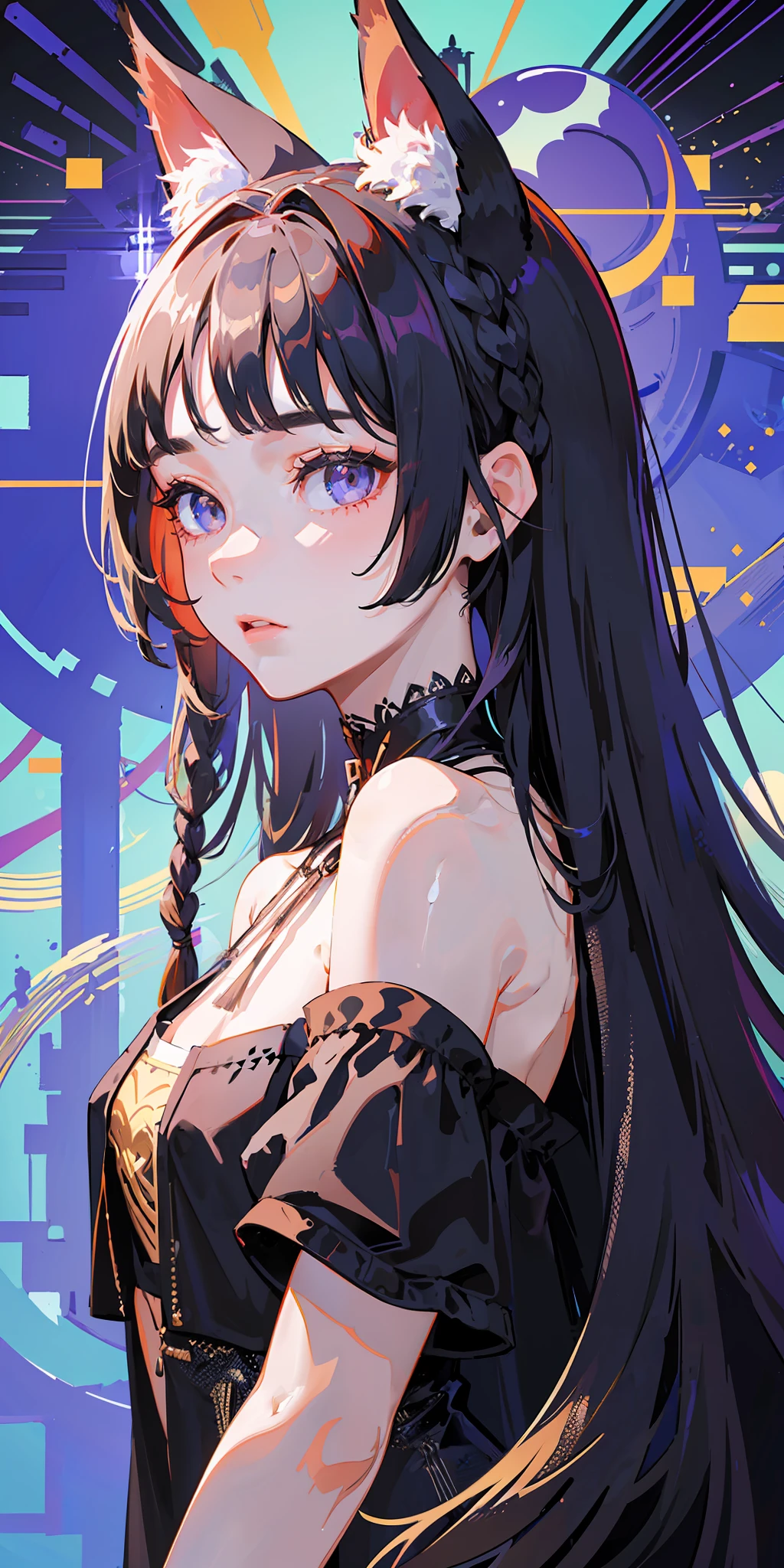 (Masterpiece, Best Quality), Intricate Details, 1 Girl, (Solo), Very Long Messy Black Long Hair, Two Very Long Very Long Thick Braids Hanging Down to the Ankle, Long Light Gray Trench Coat, Black Collar, Black Super Shorts, Black Low Neck T-shirt, Night, Starry Sky, Lake, Standing, Fox Ears, Fox Tail, (((Close Up Upper Body))), (Slender), (Collarbone), Crimson Eyes, Light and Shadow