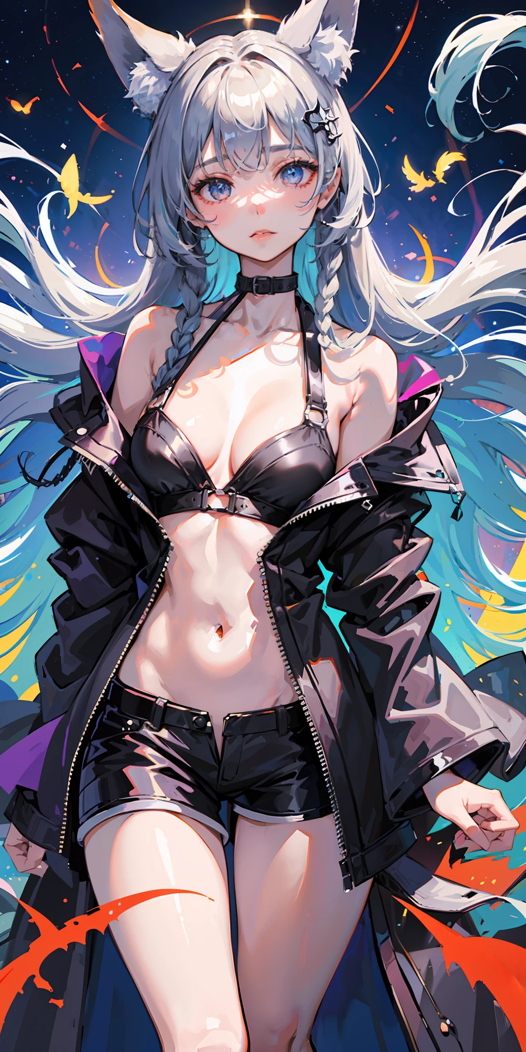 (Masterpiece, Best Quality), Intricate Details, 1 Girl, (Solo), Very Long Messy Black Long Hair, Two Very Long Very Long Thick Braids Hanging Down to the Ankle, Long Light Gray Trench Coat, Black Collar, Black Super Shorts, Black Low Neck T-shirt, Night, Starry Sky, Lake, Standing, Fox Ears, Fox Tail, (((Close Up Upper Body))), (Slender), (Collarbone), Crimson Eyes, Light and Shadow