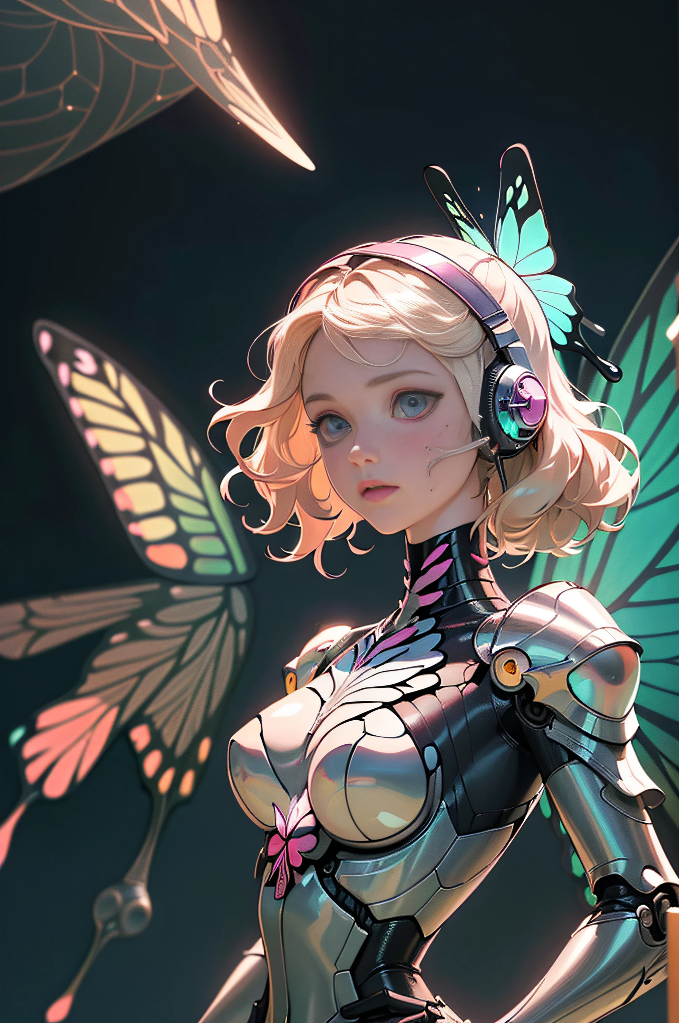 [Detailed illustrations, art based on extremely ideal anatomy, very detailed and detailed drawings, delicate lines with slow and urgent, realistic texture expression],(((Color tressed main lines)),(Artwork with outstanding craftsmanship),(Background of the laboratory),HENTAI ANIME [CYBERGirl Beauty ((SKINNY))  (Wavy platinum blonde)] Cyborg,(( Butterfly wings)) Magenta pink Papillon Cyber Armor Cyber Headset ((Transparent Material) Aurora Armor)),(Science Fiction Mechanical Bioengineering),((Fine and Beautiful Skin Expression (Transparency))),((Clear Gaze)),((Perfect Eye Details (Beautifully Drawn Eyes)))),(Beautiful Perfect Face (Realistic Face Details)),(( Beautiful hair details)),(Perfectly proportioned proportions)),(Design built to a high level,((Advanced structural understanding of materials)),Ideal color coordination),((Artistic decoration)) ((Dense detail)),(Detail,High definition)),[(Ultra-precision detail),(Multilayer texture)),HighQuality,High Resolution],(( Accurate simulation of the interaction between light and material, understanding of air flow, mechanically correct expression))), ((visual art with a sense of narrative)).