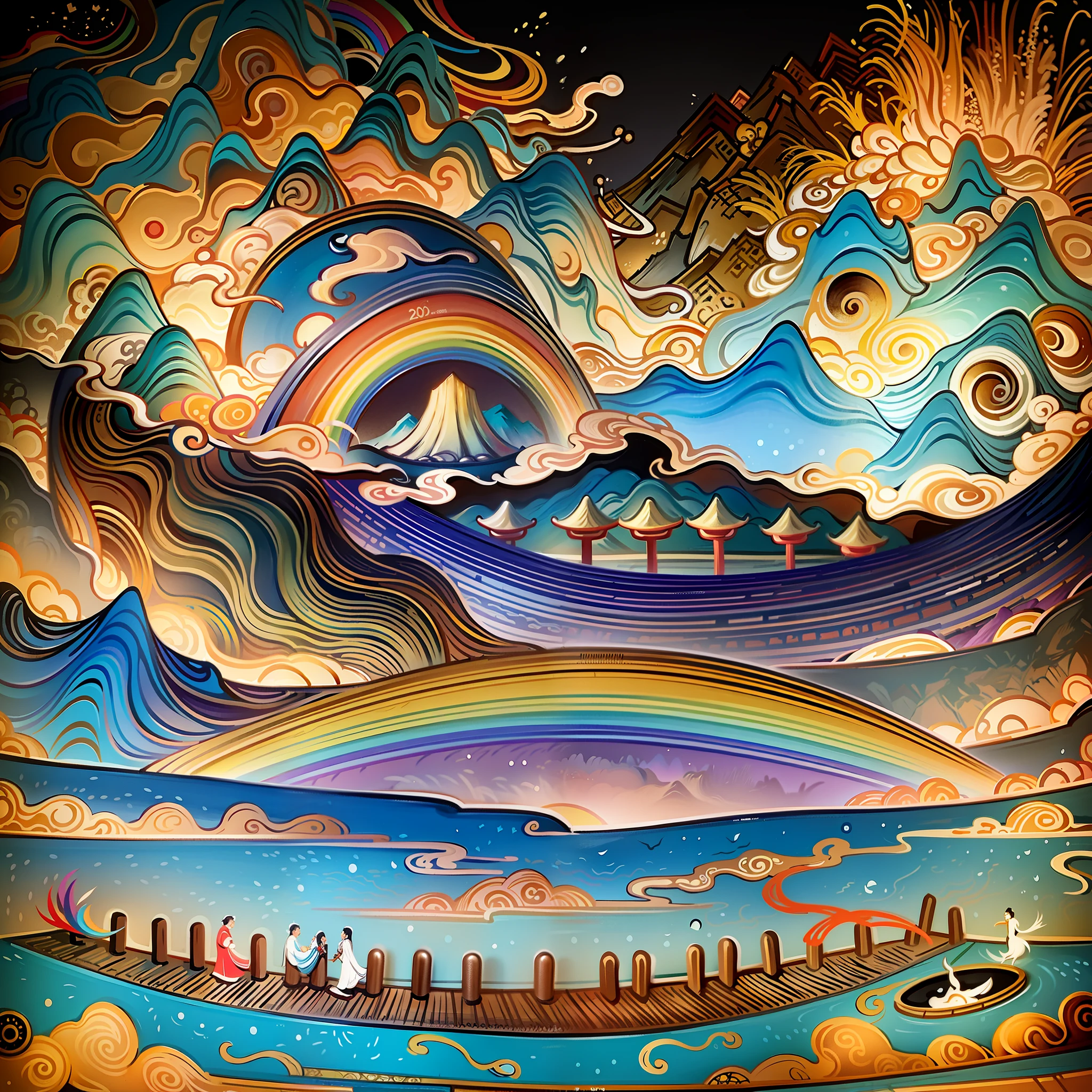 An ancient Chinese painting, ancient Chinese background, mountains, rivers, auspicious clouds, pavilions, sunshine,(psychedelic details),(mushrooms),(rainbow),(trippy),(DMT),(Buddha),intricate details, more details, high details,masterpieces, super detail, epic composition, ultra HD, high quality, extremely detailed, official art, unified 8k wallpaper, Super detail, 32k -- v 6