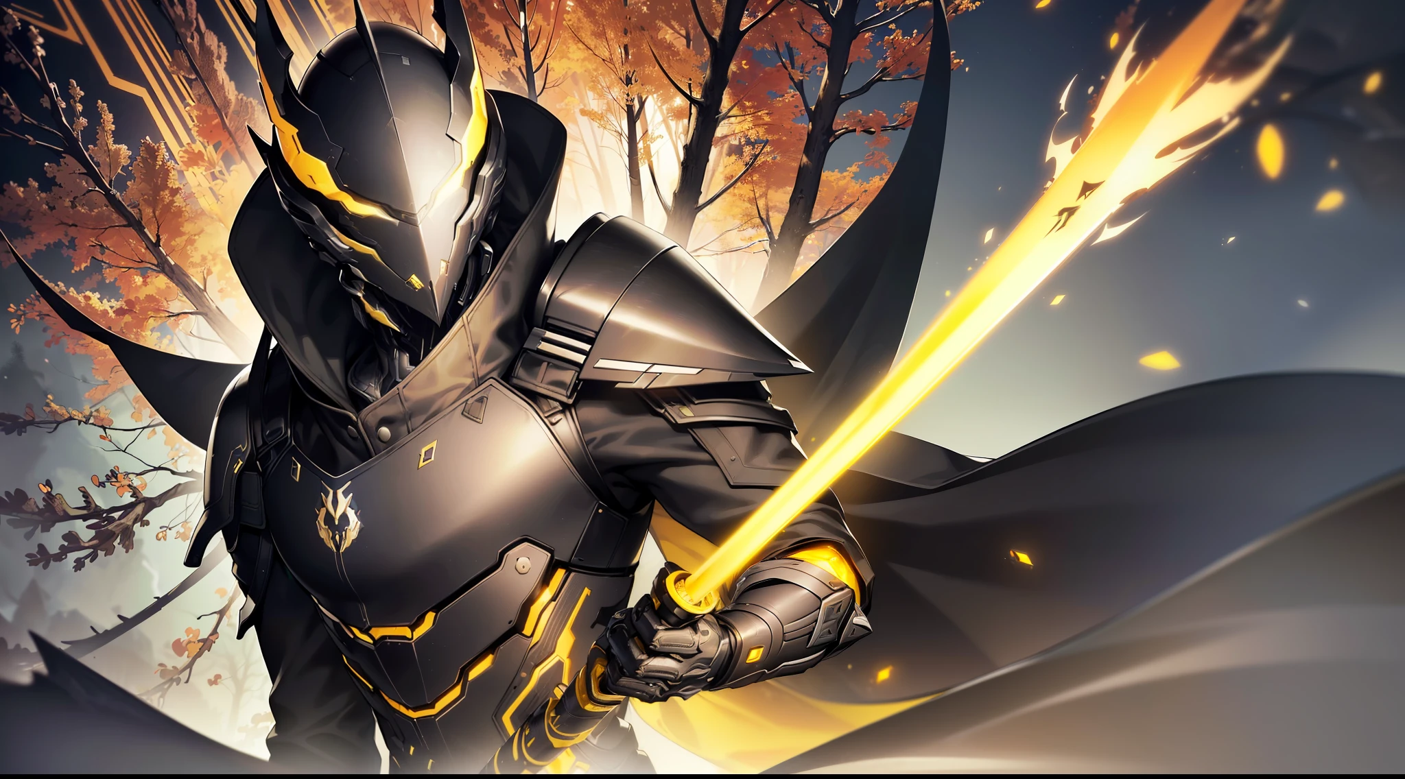 masterpiece, best quality, badass anime, high quality, human, mature handsome male, (((solo))), (male focus), ((mature)), ((black)) short hair, hair between eyes, slim, ((yellow pupils)), glowing pupils, detailed eyes, front view, (clothing, (topwear: (black modern coat, black t-shirt, black warframe helmet), bottomwear:(pants: black)), standing, detailed clothing, coat collar, coat fluttering, tall, (serious expression), (((burnt forest))), (detailed background), ((clothing covered with yellow glowing elements)), holding a gold sword