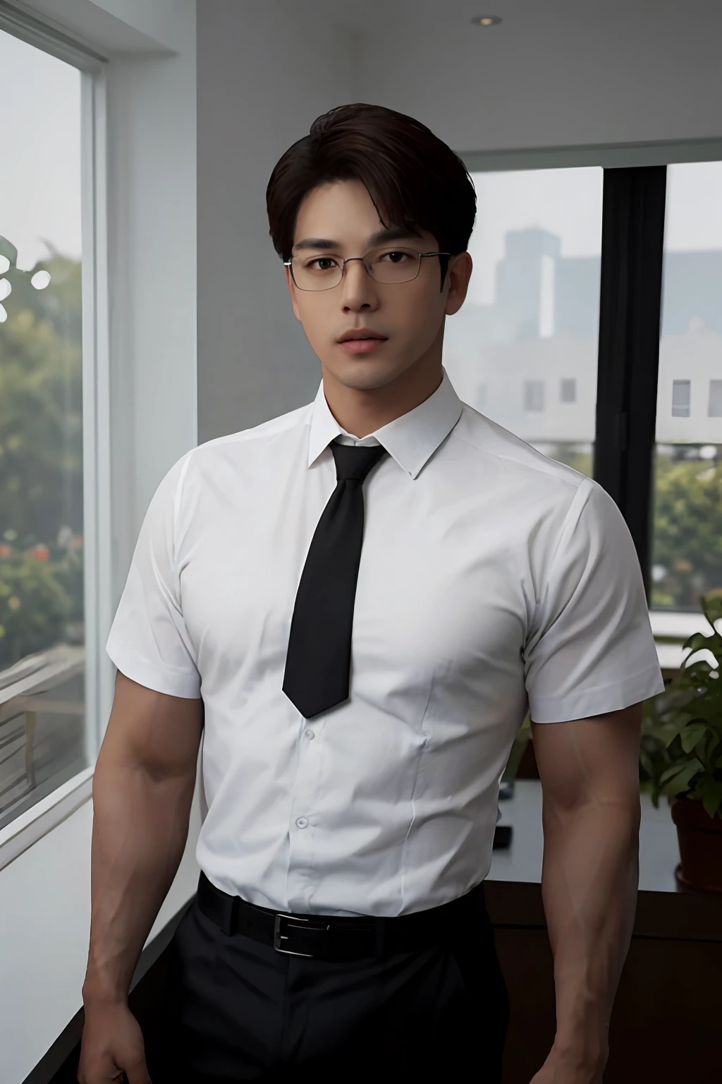 masterpiece, ONYX11, A 28-year-old mature male with strong muscles, Look at me, Line of sight focusing, Stand, Wearing a white short-sleeved shirt, Black tie, Breast flower, Brown hair, Indoor, Outside the window is the garden., Rimless glasses, textured skin, super detail, best quality, 8k