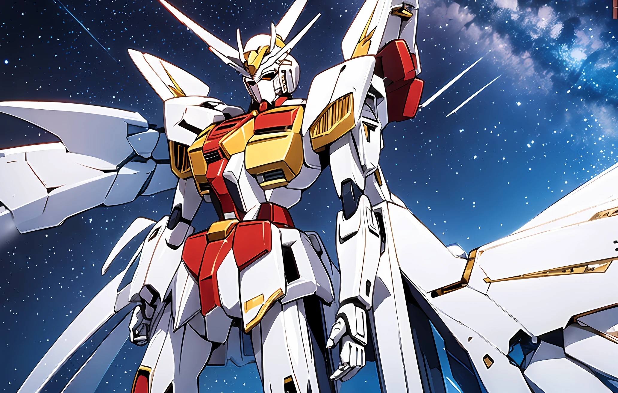 ultra realistic, tall and slim Gundam, cannons in the gorgeous sky, white silver and gold, spikes --ar 9:16 --niji 5