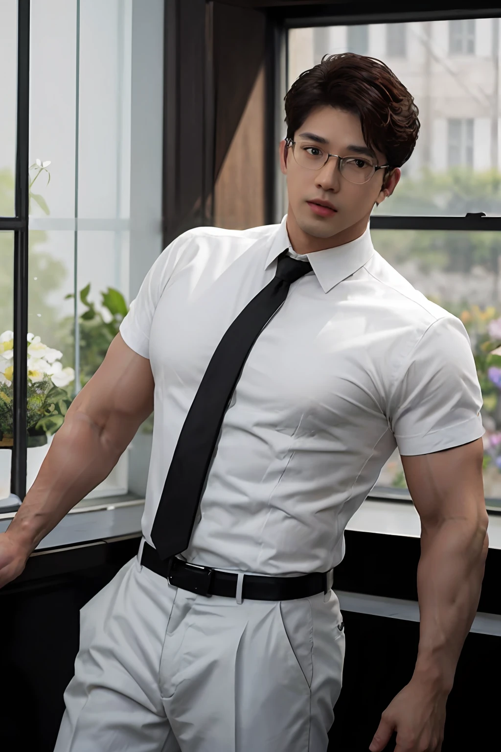 masterpiece, ONYX11, A 28-year-old mature male with strong muscles, Look at me, Line of sight focusing, Stand, Wearing a white short-sleeved shirt, Black tie, Breast flower, Brown hair, Indoor, Outside the window is the garden., Rimless glasses, textured skin, super detail, best quality, 8k