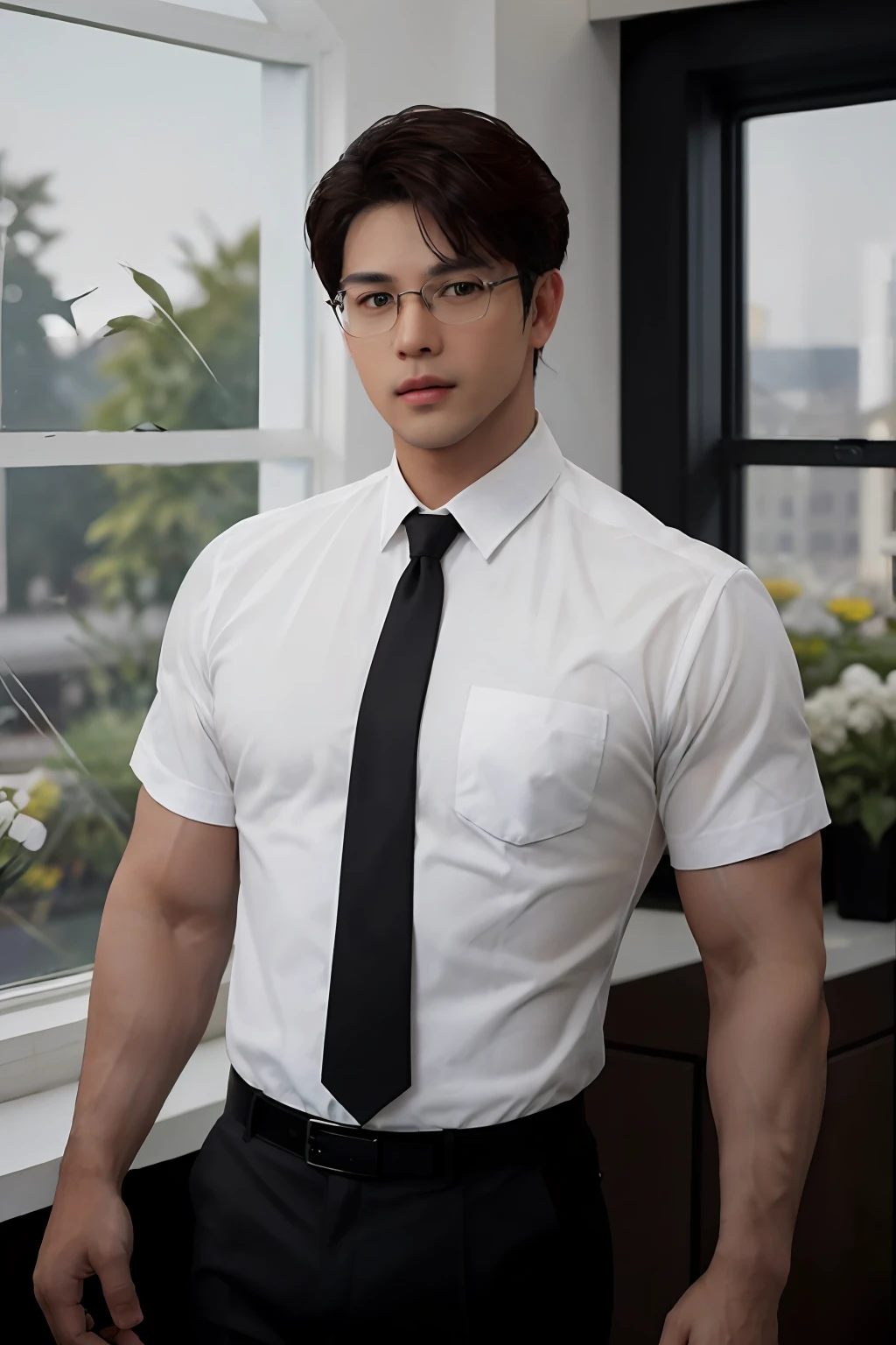 masterpiece, ONYX11, A 28-year-old mature male with strong muscles, Look at me, Line of sight focusing, Stand, Wearing a white short-sleeved shirt, Black tie, Breast flower, Brown hair, Indoor, Outside the window is the garden., Rimless glasses, textured skin, super detail, best quality, 8k