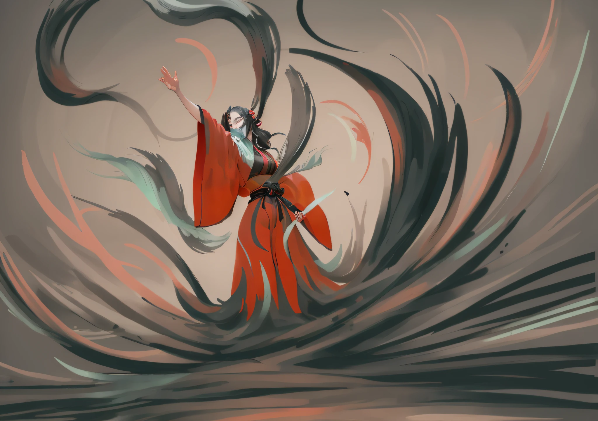 there is a painting of a woman in a red dress, flowing hair and long robes, onmyoji detailed art, inspired by Sōami, onmyoji, inspired by Ryūkōsai Jokei, inspired by Tōshūsai Sharaku, waving robe movement, inspired by Kawanabe Kyōsai, an expressive digital painting