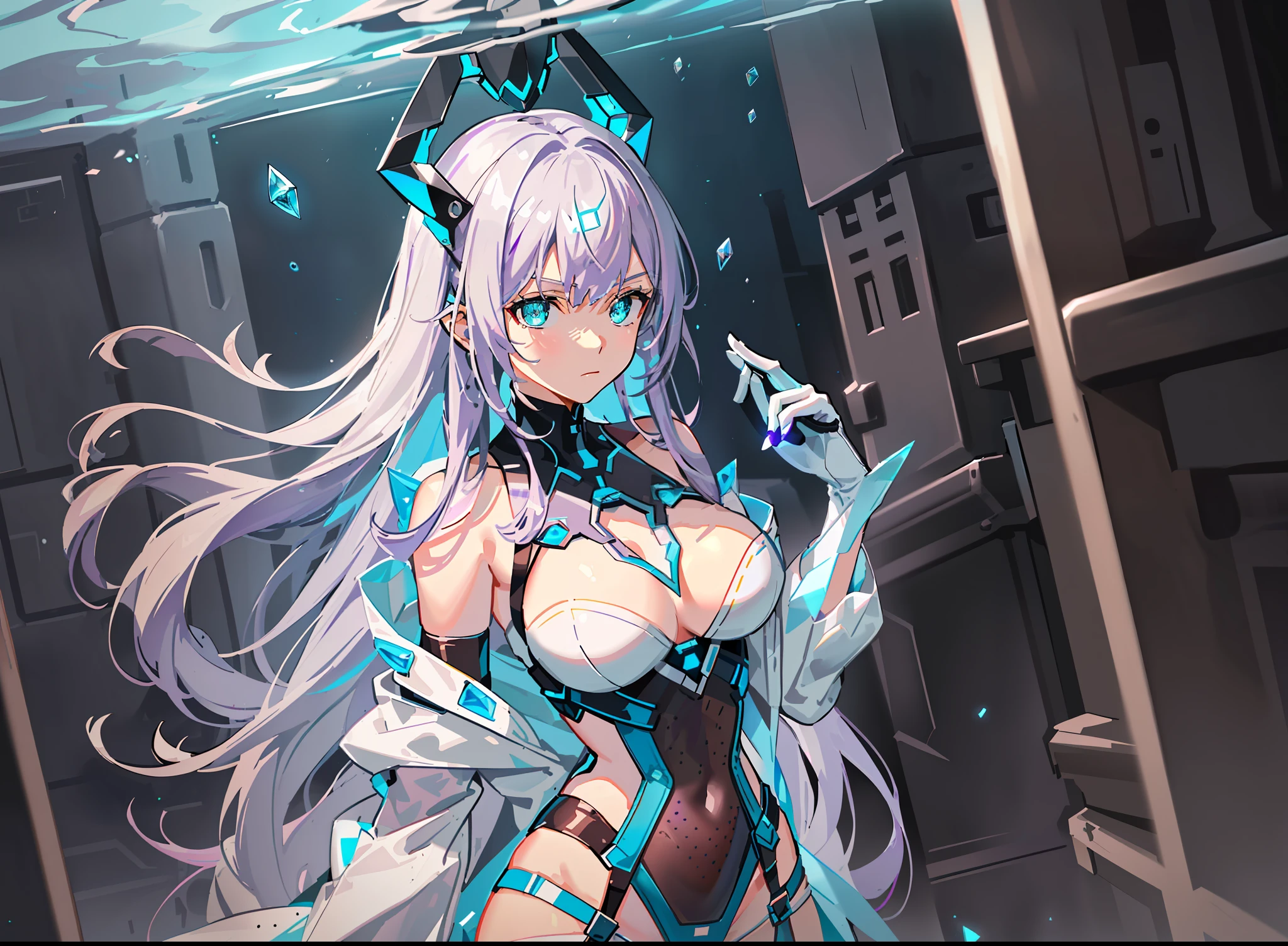 ({best quality}, {{masterpiece}},, {highres}),(solo,1female),19 years old,well_developed curves,curvaceous_body,heroine,hourglass_figure,perspective,beautiful_face,diamond_shaped_face,mature_face,,streamline_outfits,smooth_face,high_quality_outfits,futuristic_outfits,silght_blush,full_body,Honkai_Impact
Full detailed face,(vivid,detailed violet hair,waist-length (flowy long high-position twintails),base tied with white headdress,glowing hair tips,flowy,detailed,purple bangs)((((purple_hair_color)))),(two strands of glowing violet hair framing face)
(two pairs of white blade-shaped electronic headdress, attached to each side of forehead,futuristic,symmeric,pointing backwards,edged),white circlet around forehead,((golden eyes,golden iris,white x-shaped pupil,full detail eyes,vigilant gaze,sharp eyes,aqua eyeshadow,)),aqua hexagon shaped locket on breast,(aqua one-piece goggle glasses)
((Black and white electronic battlesuit,cling to body curves,detailed,futuristic)),(black long gloves,detailed hands),(white tippets),(white protective shoulderguards on both shoulders,streamlined),black long sleeves,white elastic tanktop around ample breasts,white armored arm bracers,(pitch black armored corsets around waist,aqua widgets,one aqua stripe beneath breast,black zipper,aqua sidelines),white elbow pads,(white electronic pantyhose,aqua trimmings,segmented,soild),(two white holsters on each side of hips,detailed),(white mechanic waistbands,silver buckle),(white mechatronic tassets,minor aqua sidelines,soild,triangle,covering waist),(white thick pantyhose,aqua hexagon patterns along left thigh,white gadget holsters on left thighs),(white armor kneepad around both knees),(white armored knee-length jackboots,heeled)
Cloudy background,thick grey cloud in background,raindrop on face,detailed backgrounds,detailed backgrounds,standing straight,floating in air,both arms relaxed,vigilant,vivid facial expressions