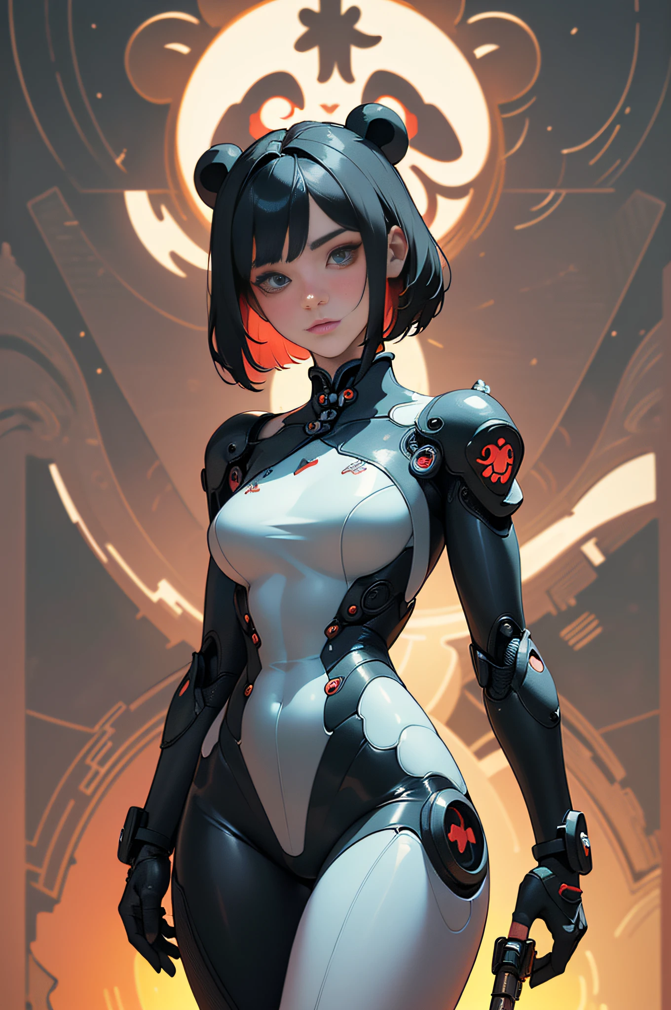 [Detailed illustrations, art based on extremely ideal anatomy, very detailed and detailed drawings, slow and delicate lines, realistic texture expression],((Color tressed main lines)),(Artwork with outstanding craftsmanship),(Briefing room background),[(HENTAI) ANIME Girl Chinese Beauty Cyborg  (short hair)] SKINNY ((功夫)) Mechanical thighs (with V8 engine: 0.3),[Red tight dress] ((Panda: 0.6) (Translucent rubber inner)),((Silver coating:0.5)),(Science Fiction Mechanical Bioengineering),((Fine and beautiful skin expression (transparency))),((Clear gaze)),((Perfect eye details (Beautifully drawn pupils in detail))),( Beautiful perfect face (realistic face details)),((Beautiful hair details)),(Perfectly proportioned proportions)),(Design built to a high level,((Advanced structural understanding of materials)),Ideal color coordination),((Artistic decoration)) ((Dense details)),((Detail,High definition)),[(Ultra-precision detail),(((Multilayer texture)), HighQuality,High Resolution],((Accurate simulation of light-material interaction, understanding of air flow, mechanically correct representation)),(((Visual art with a sense of narrative)).