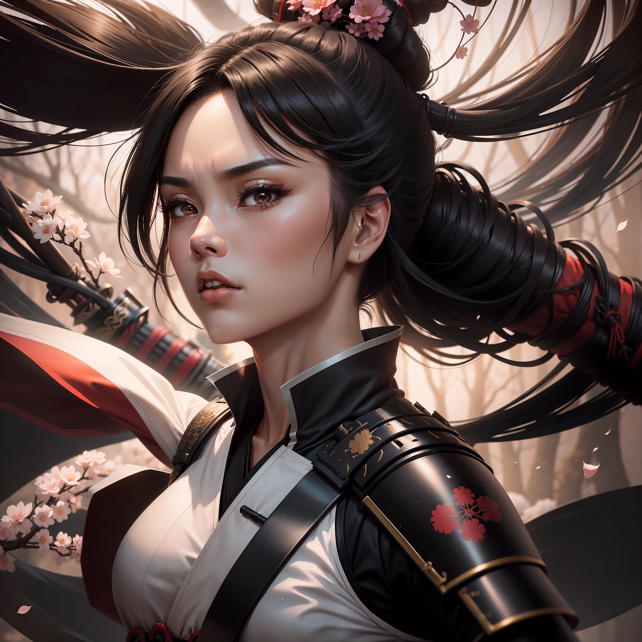 ((best quality,high resolution)), a female samurai character in a powerful posture, with a katana wielded, wearing detailed, high-quality armor, black hair and high volume, blurry background with Japanese effect, Sakura falling around her, 1:1 profile picture
