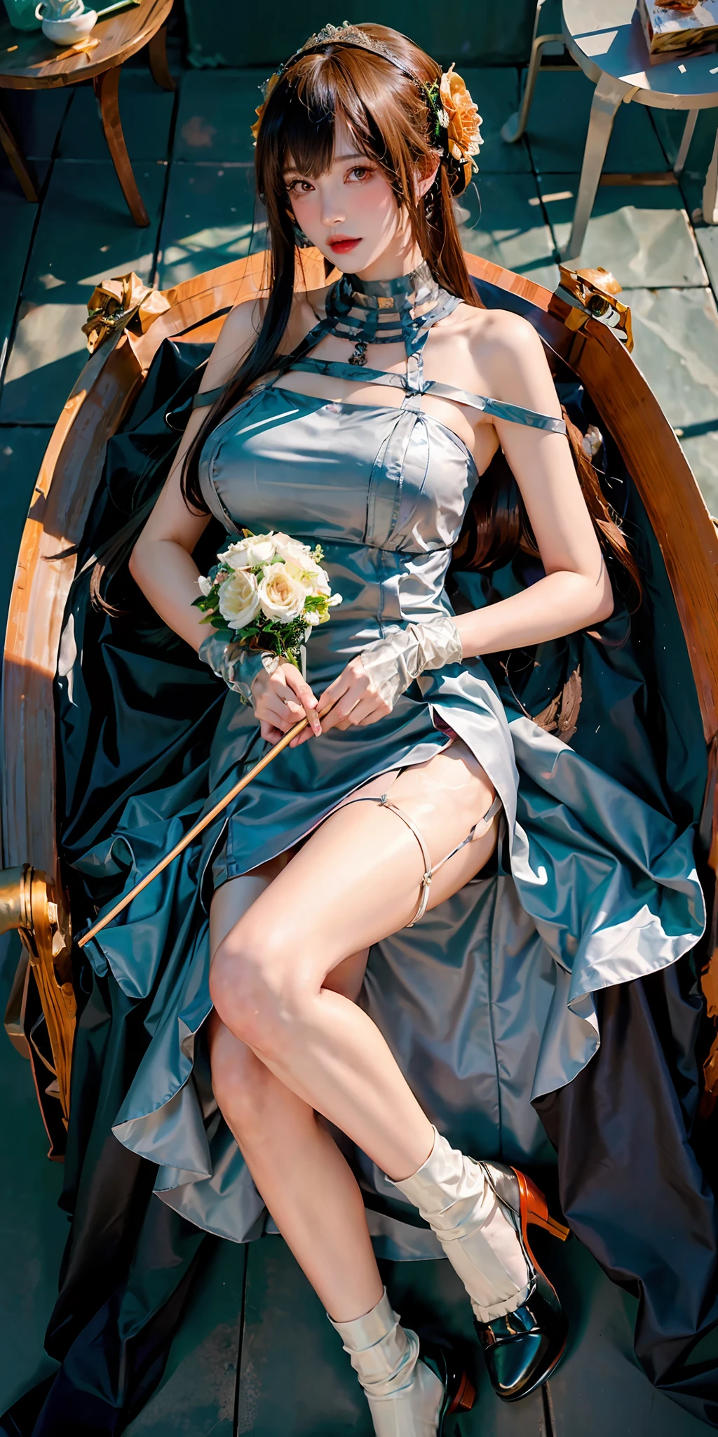 (Masterpiece: 1.2, Best Quality), Realism, (Real Pictures, Intricate Details, Depth of Field), (1girl, Solo), Makeup, (((Lips Apart))), High Detail, (((Perfect Face))), (Huge Breasts: 1.4), (Skindentation), ((Slender Legs)), Wide Buttocks, Thin Waist, Tall, Coral Lips, Long Hair, Dark Eyes, ((Beauty Wears Very Exposed Openwork Clear Lace Wedding Dress, (Reveals Slender Waist with Perfect Boat Line), Lace super short b-skirt, slender legs, lace stockings)), (sweating: 1.2), (wet), sexy, blush,
