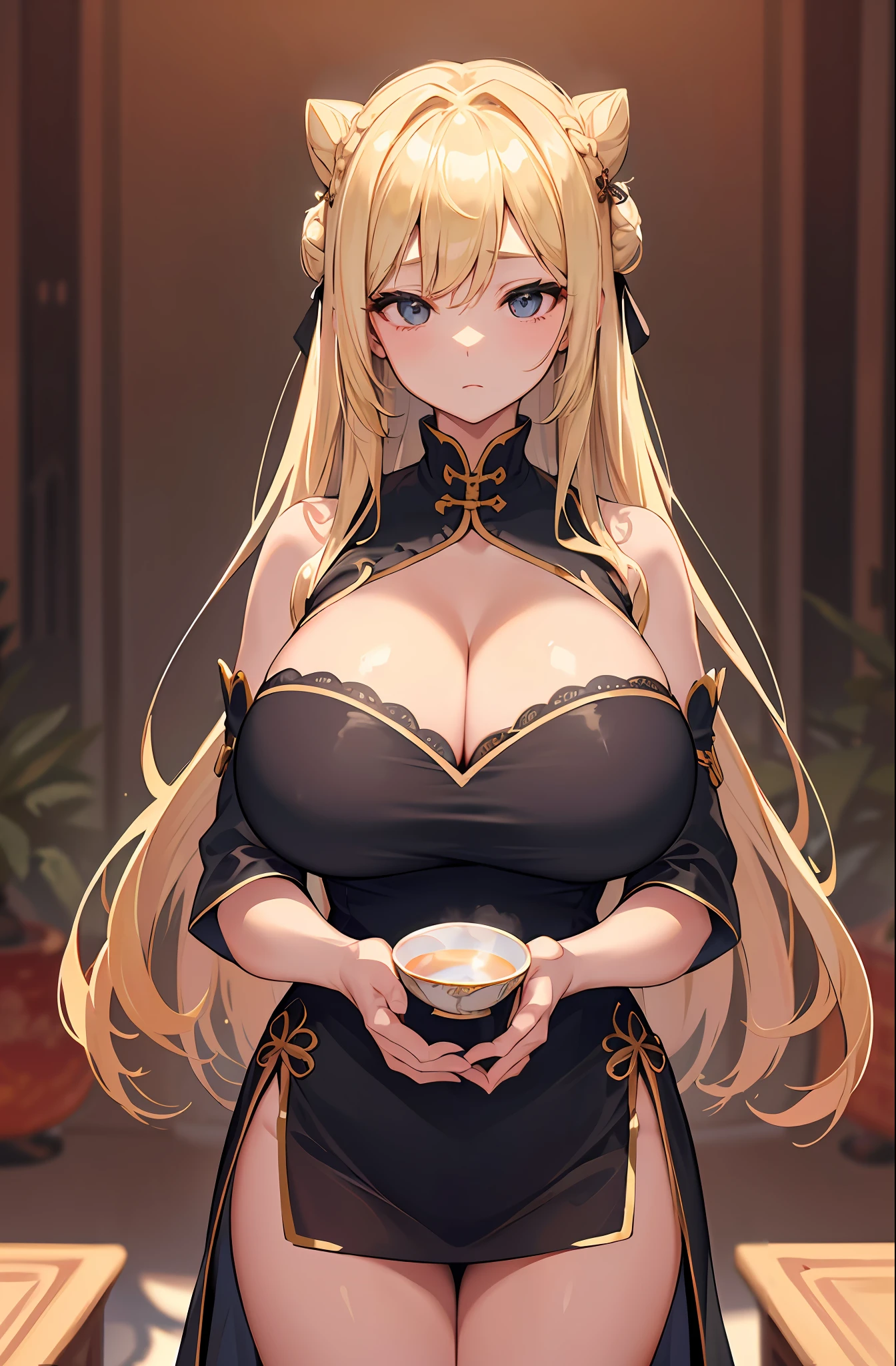 masterpiece, best quality, finely detailed, high resolution, extremely delicate and beautiful, Volumetric Lighting, Best Shadows, Shallow Depth of Field, 1girl, blonde, (huge breasts), Double Hair Bun, (black china dress:1.2), (cleavage), pelvis curtain, (wide hips)