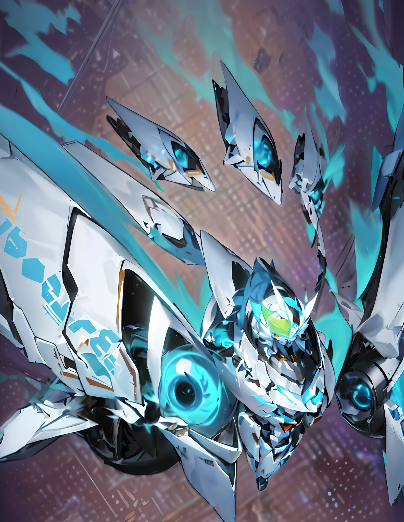 (White Mecha Fira, Anime Robot Hybrid, Frozen Action, Mecha Art, White Wings, Starry Sky + Flame Surrounding, Modern Mecha Wind, M-Type Delta Splash Art: 1.2, Super Detail, Super Large Mech, Blue Mech, Action-Packed)