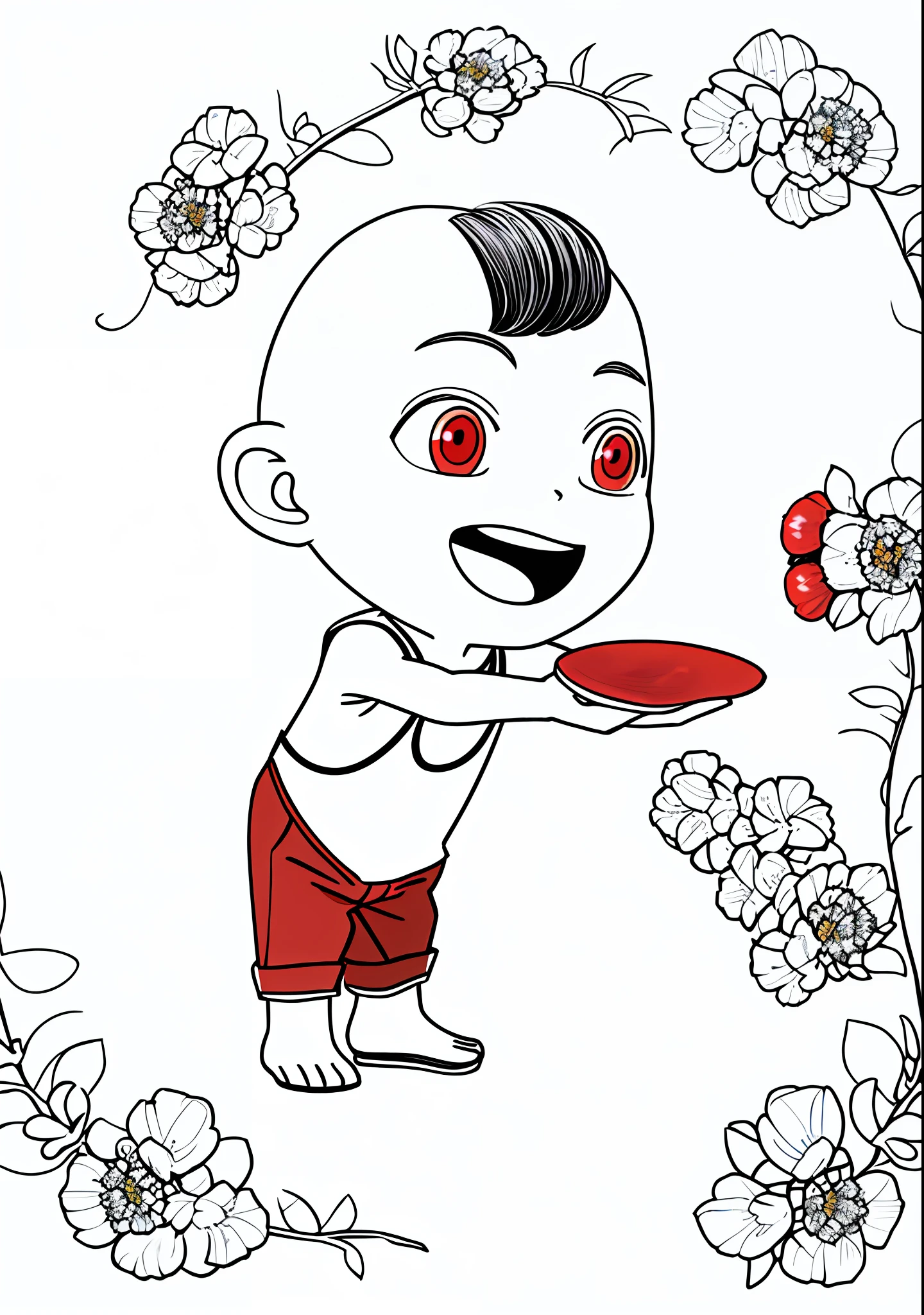 Masterpiece, best quality, 1boy, solo, ancient Chinese, bald head, looking _audience, happy, (red belly pocket), (tiger-headed shoes), two hair balls, (hair group: 0.1), (red shorts), (red half trousers), (holding a lot of lychees), (take the litchi with leaves.), hair_flower, petals, a bunch of lychees, holding_flower,center_frills,holding_bouquet , Line drawing, monochrome,