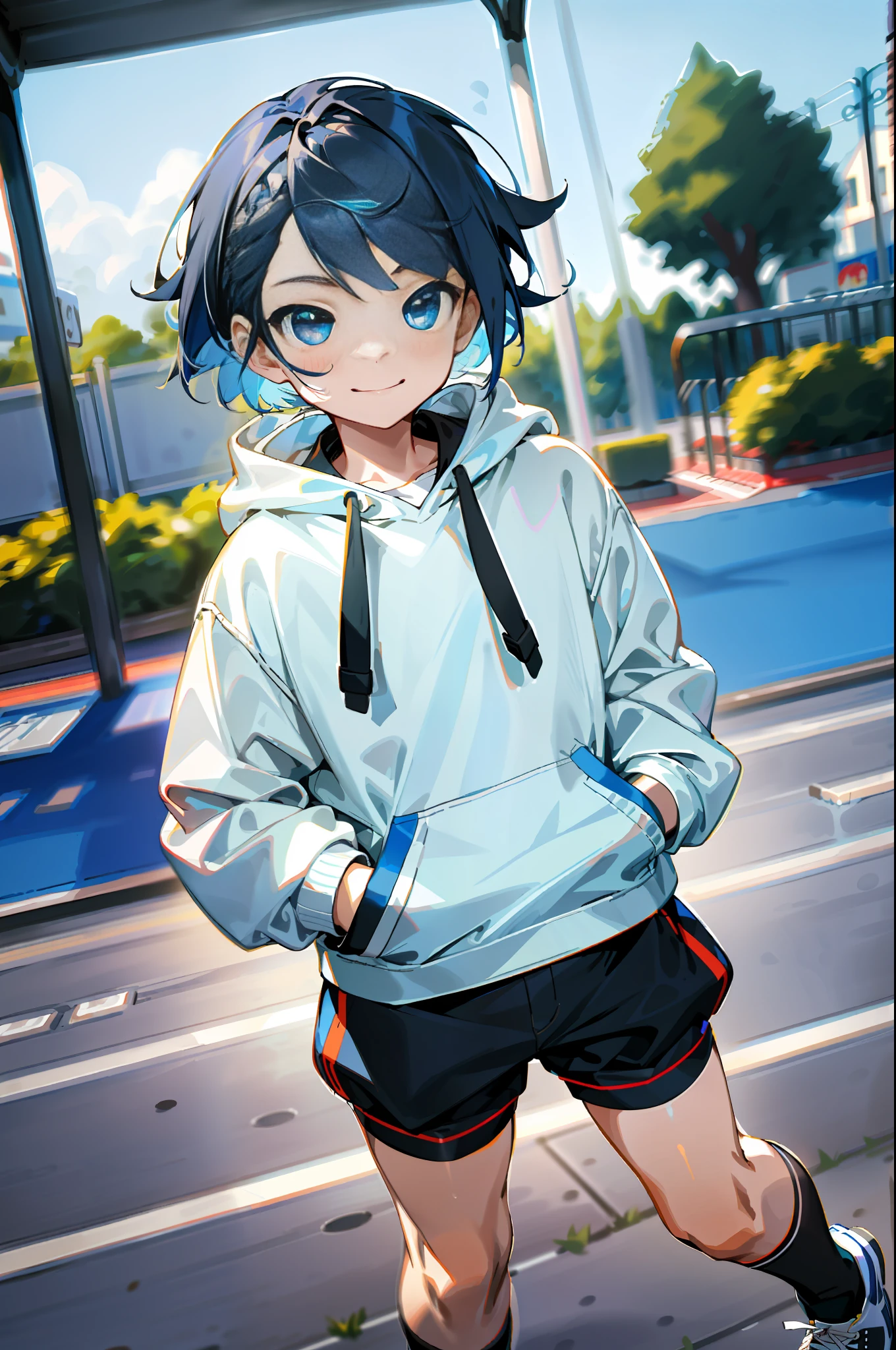 HD picture, children's youthful style, dynamic face look, strong and vibrant blue eyes, playground background, white Bob hairstyle 1boy, wearing slim white hoodie and black knee socks, shorts, smile, jump, black shoes, depth of field, hands in pockets.