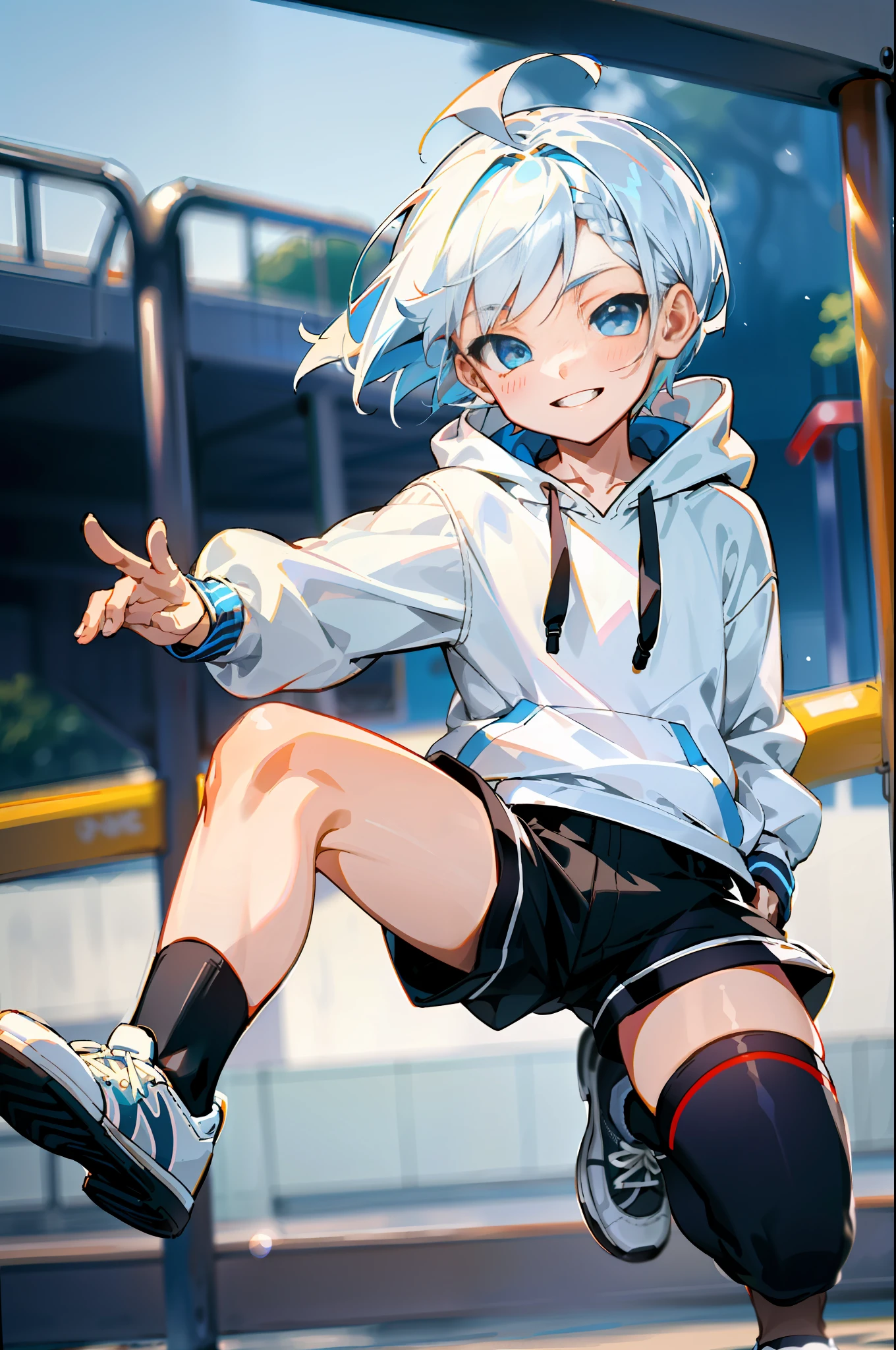 HD picture, children's youthful style, dynamic face look, strong and vibrant blue eyes, playground background, white Bob hairstyle 1boy, wearing slim white hoodie and black knee socks, shorts, smile, jump, black shoes, depth of field, hands in pockets.
