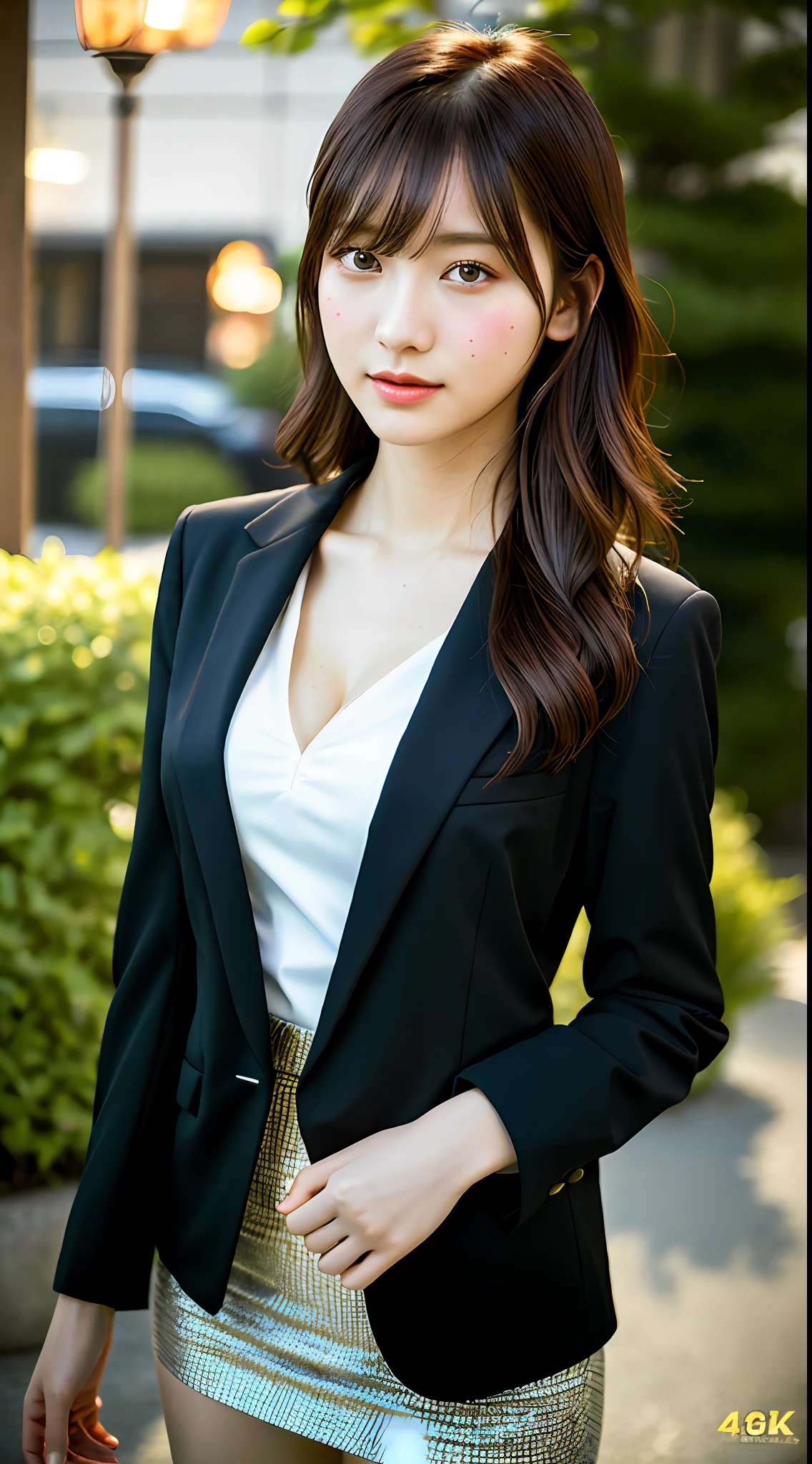 Best Quality, Masterpiece, 1 Girl, Beautiful Face, (Photorealistic Picture:1.3), Rim Lighting, (High Detail Skin:1.2), 8K UHD, DSLR, High Quality, High Resolution, 4K, 8K, Bokeh, Absurdity, Best ratio Four Fingers and One Thumb, (Real:1.3), Cute Japan 1 Girl, Wearing Black Formal Blazer, Middle Breasts, Short Skirt,Small Face, Delicate Body Type