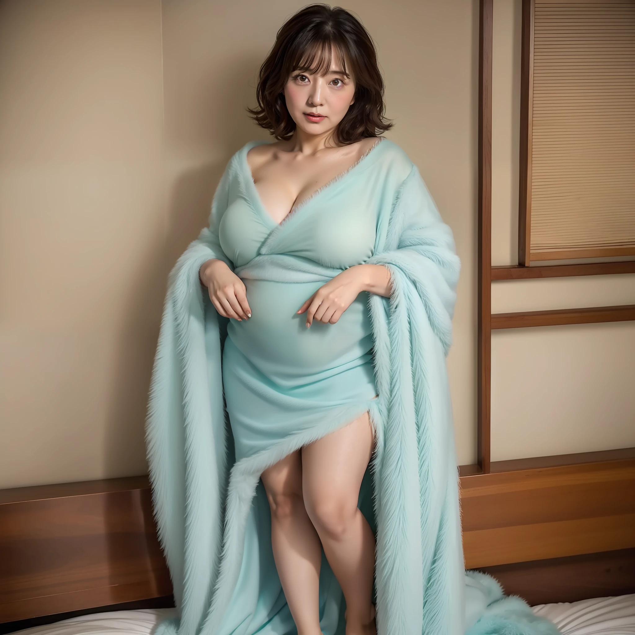Japan person, best quality, stunning photo of beautiful saturation, 50s, beautiful mature woman, bangs, messy bed, fluffy gown, E cup, sweat, chubby, glossy lips , full body, wrinkles, age spots, single woman, summer, sheer