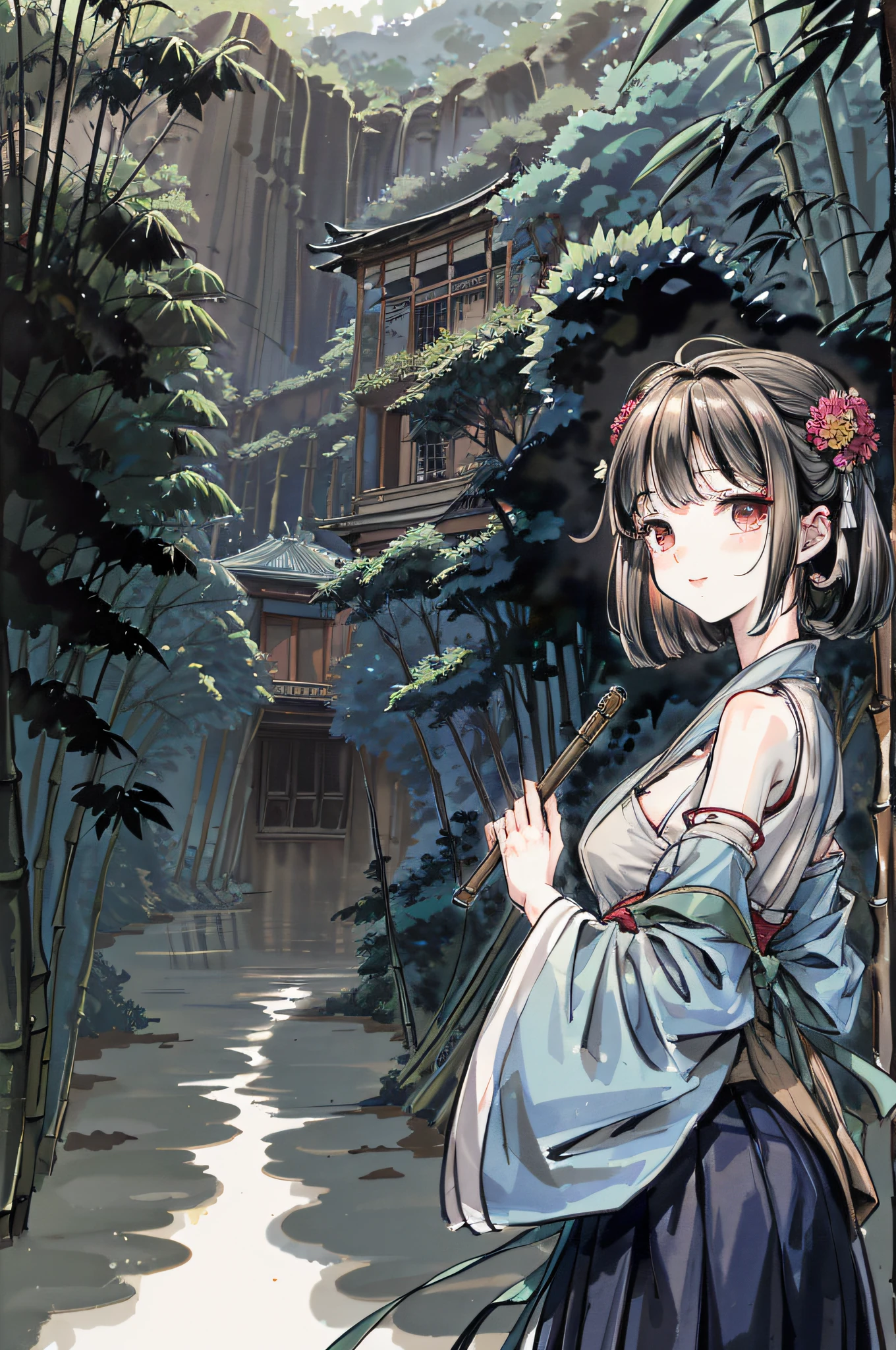 (masterpiece), best quality, good anatomy, shuimobysim, (1 girl: 1), (upper body), (smile), short hair, (hanfu), (ecchi0.5), (trees: 0.5), (flowers: 0.6), (bamboo forest: 0.2), (stream: 0.2), (river: 0.2), full breasts, tall figure,