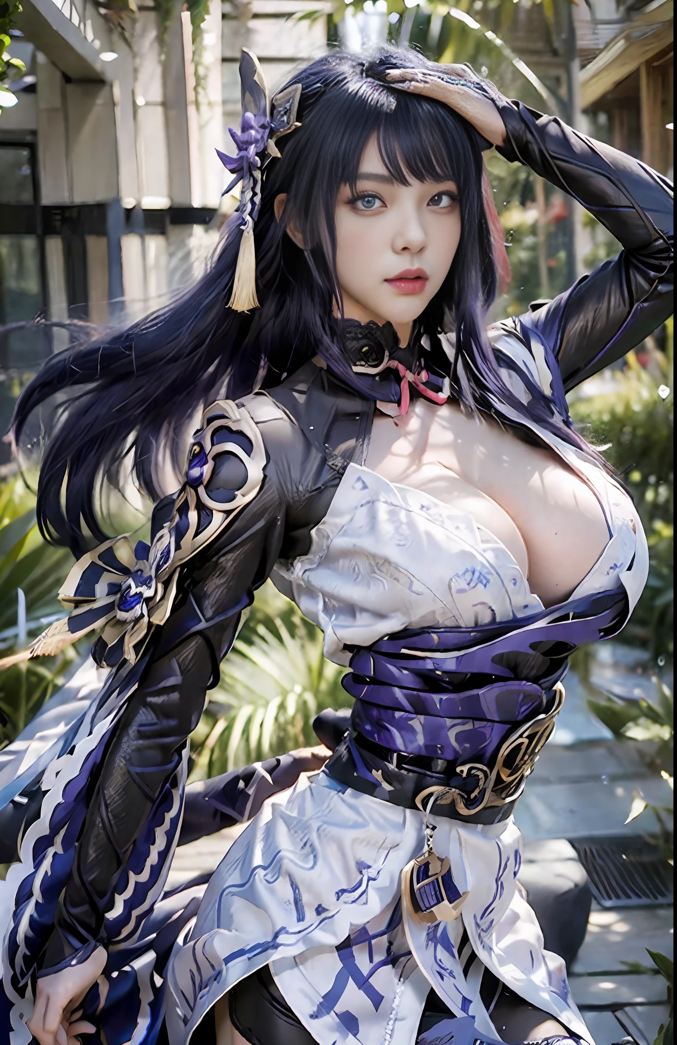 Unreal engine 5 render, the rising of the shield of fate, 1girl, hd wallpaper, ((beautiful cosplayer)), Cosplay Raiden Shogun genshin impact, Raiden shogun game genshin impact, raiden ei from genshin impact, genshin impact character, genshin impact, black haired mage, genshin, beautiful detailed purple eyes,beautiful face, top body is hyperrealistic perfect muscle and hyper largest_breasts!! with the type of boobs_melons, lower is huge buttocks,