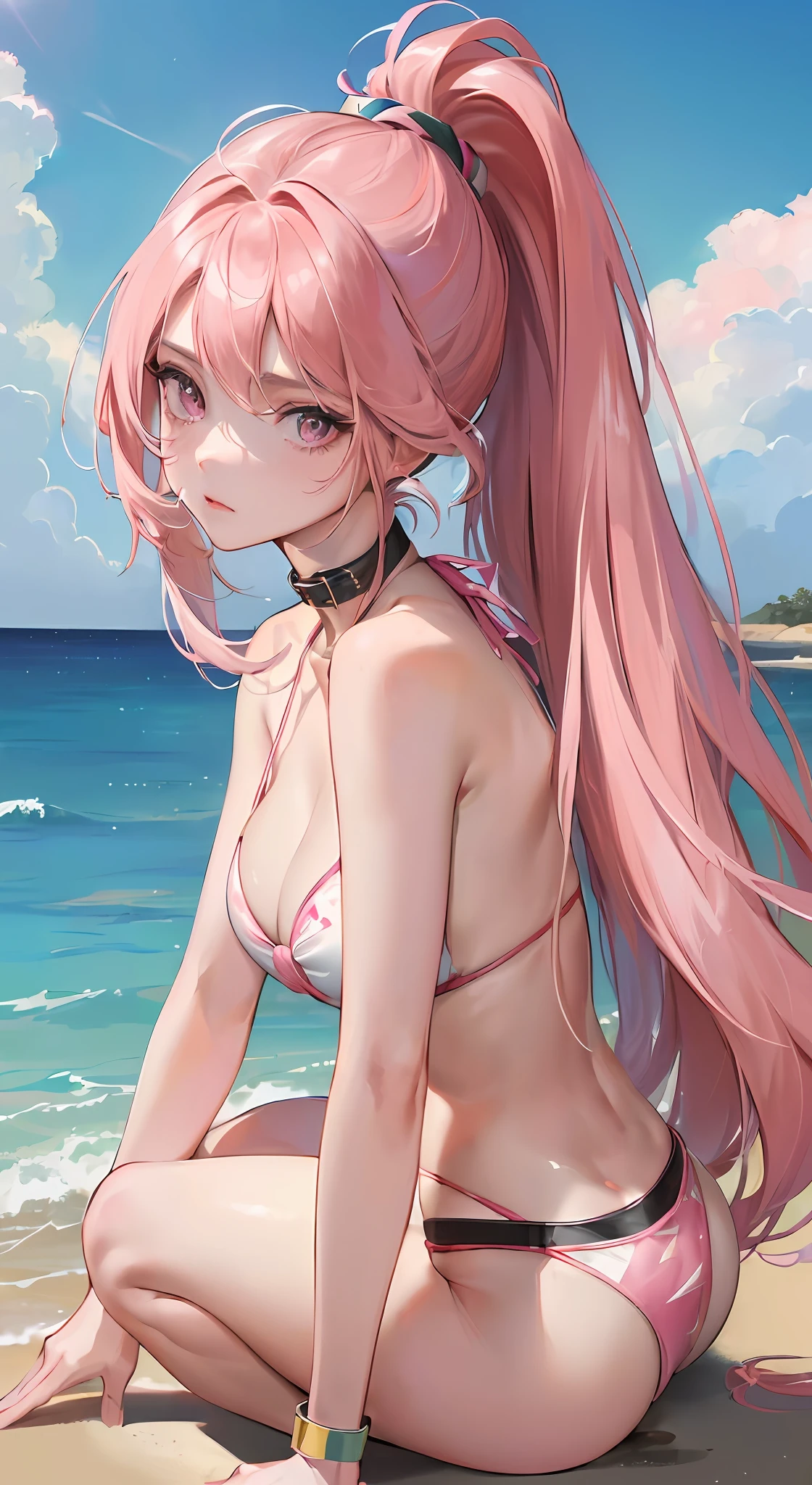 (Masterpiece, Top Quality, Best Quality, Official Art, Beauty and Aesthetics: 1.2), (1 Beautiful Slave: 1.3), (Slave Collar: 1.3) (Long Pink Hair, Ponytail) (Kneeling,: 1.2) (Bikini: 1.3), Square Background, Marble, Face Close-up, Face Close-up