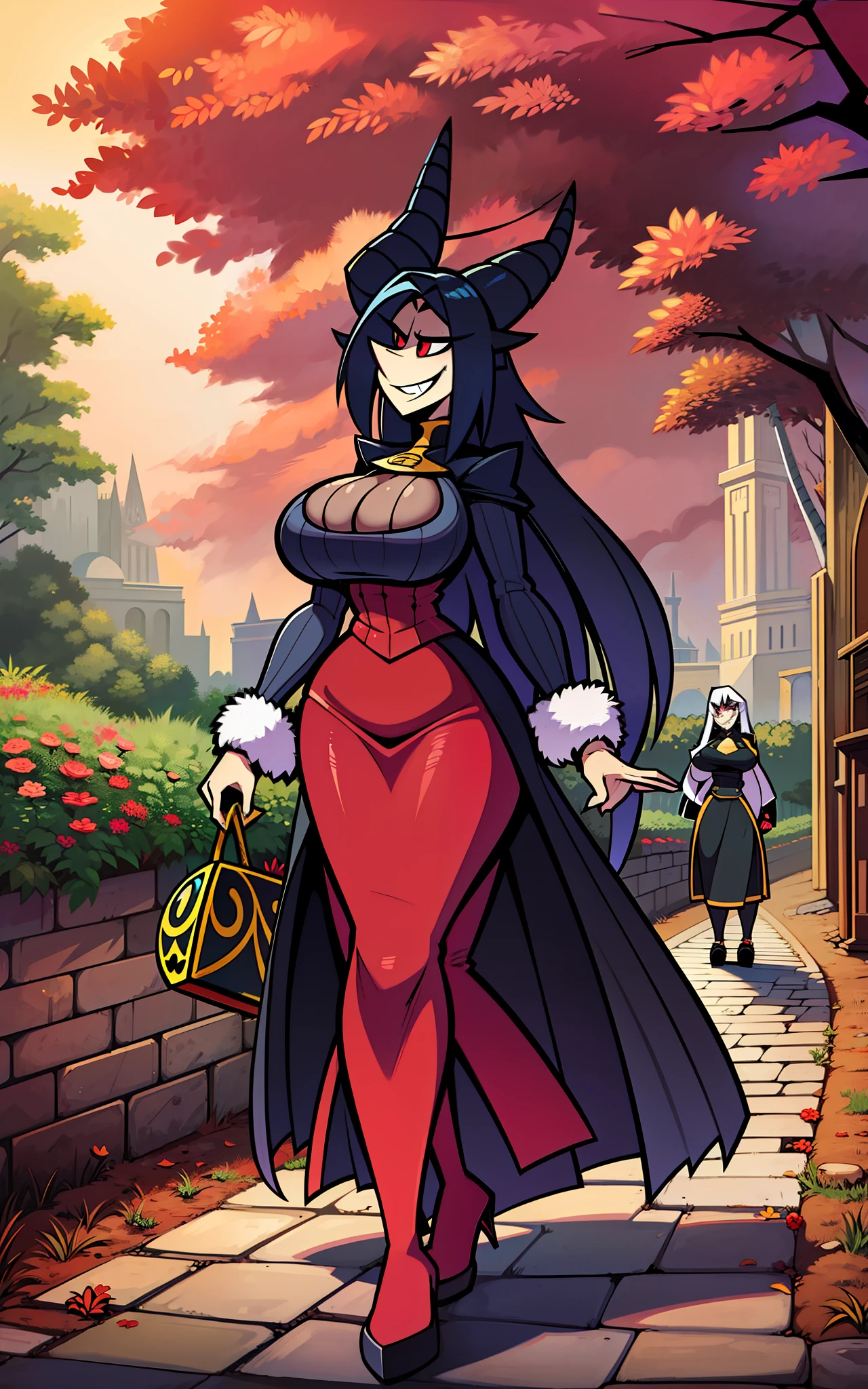 Gothic, huge chest, tall woman, curved, f, long hair, christian, alone, catholic, latin cross,, forest city, plants, walking, smile, smile, ,fur clothes, wizard, medieval, village,tights, portrait, long skirt, long dress, flip-flops, , huge breast, catgirl, ms fortune, 1gir,1character, walking,long skirt, red eyes