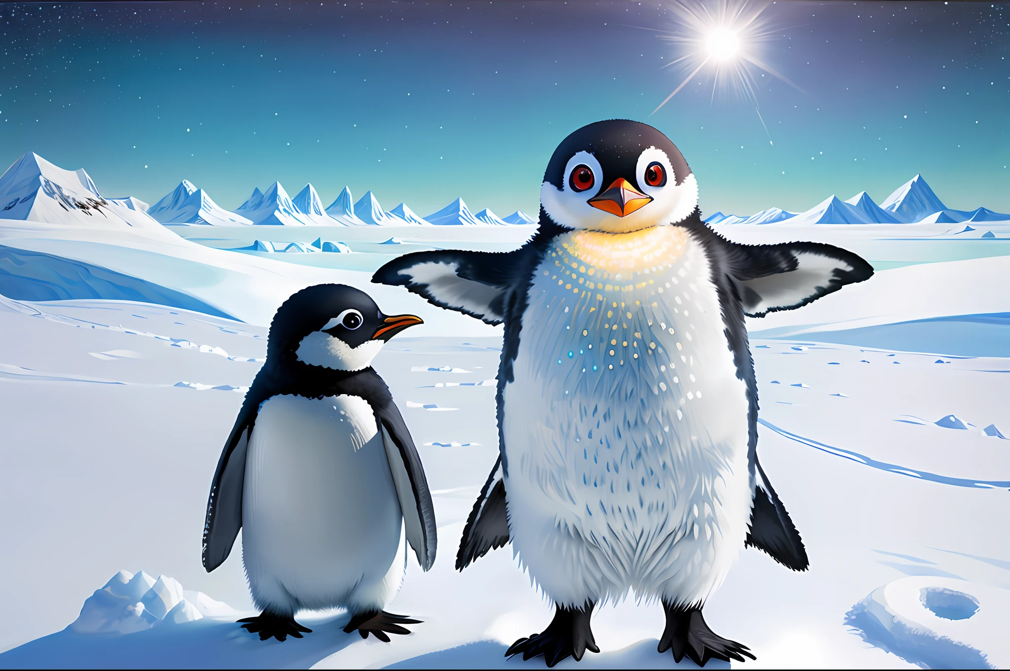 Antarctic snow, full body photo, baby penguin, round eyes, smile, arms outstretched, facing forward, facing camera, midday sun, detail painting, bioluminescence, 8K, high texture