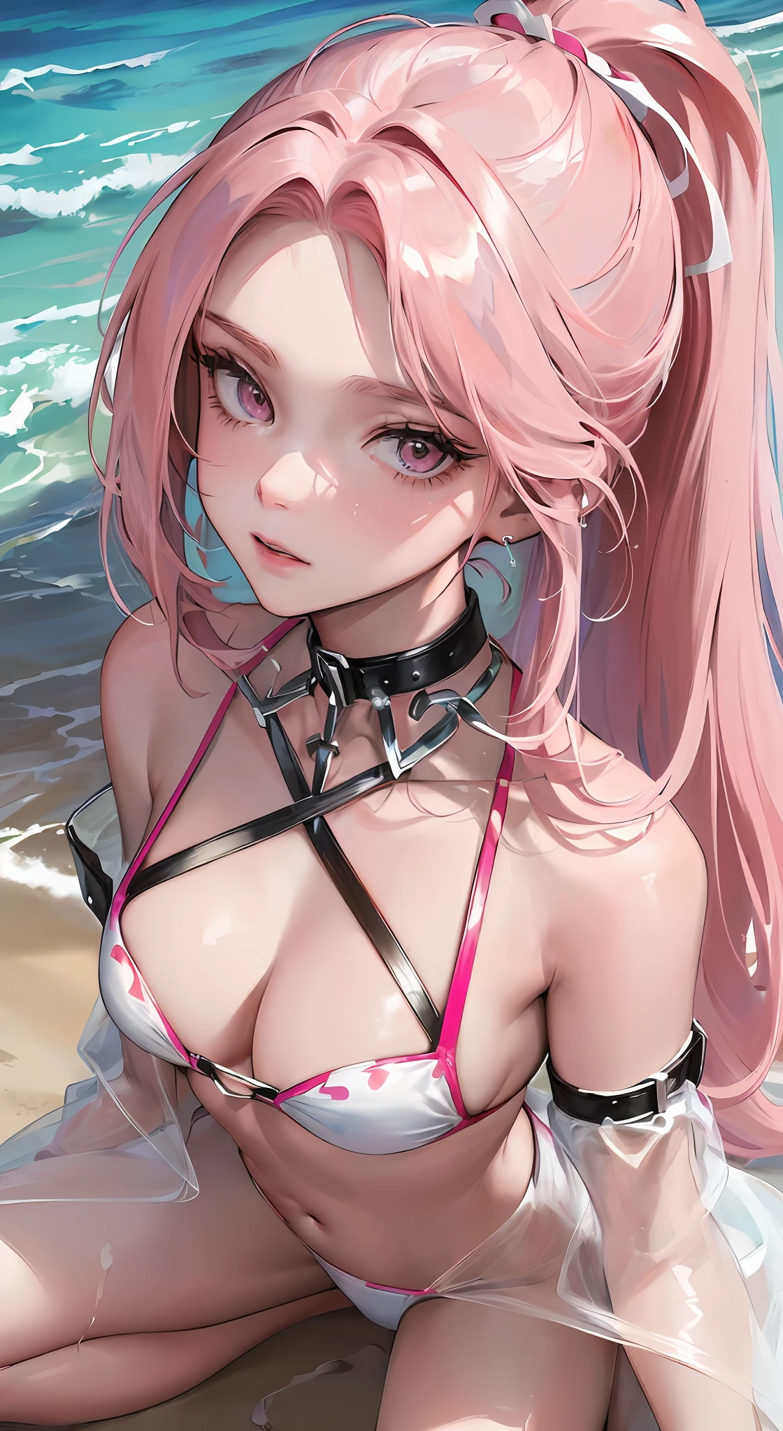 (Masterpiece, Top Quality, Best Quality, Official Art, Beauty and Aesthetics: 1.2), (1 Beautiful Slave: 1.3), (Slave Collar: 1.3) (Long Pink Hair, Ponytail) (Kneeling,: 1.2) (Bikini: 1.3), Square Background, Marble, Face Close-up, Face Close-up