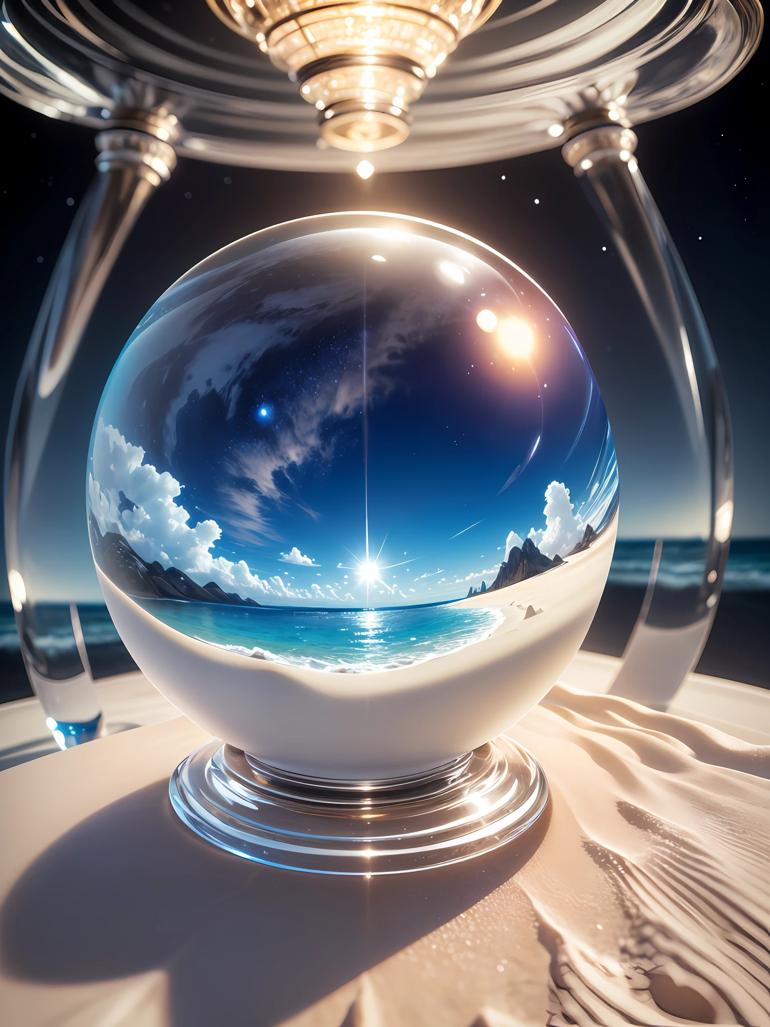 Ultra-realistic, 16K high resolution, (Max Sharp Focus: 1.3), (Max Close-up: 0.5), (Earth trapped in a crystal perfect ball with pedestal on table: 1.7), (Waves, White Sand, Milky Way: 1.3)