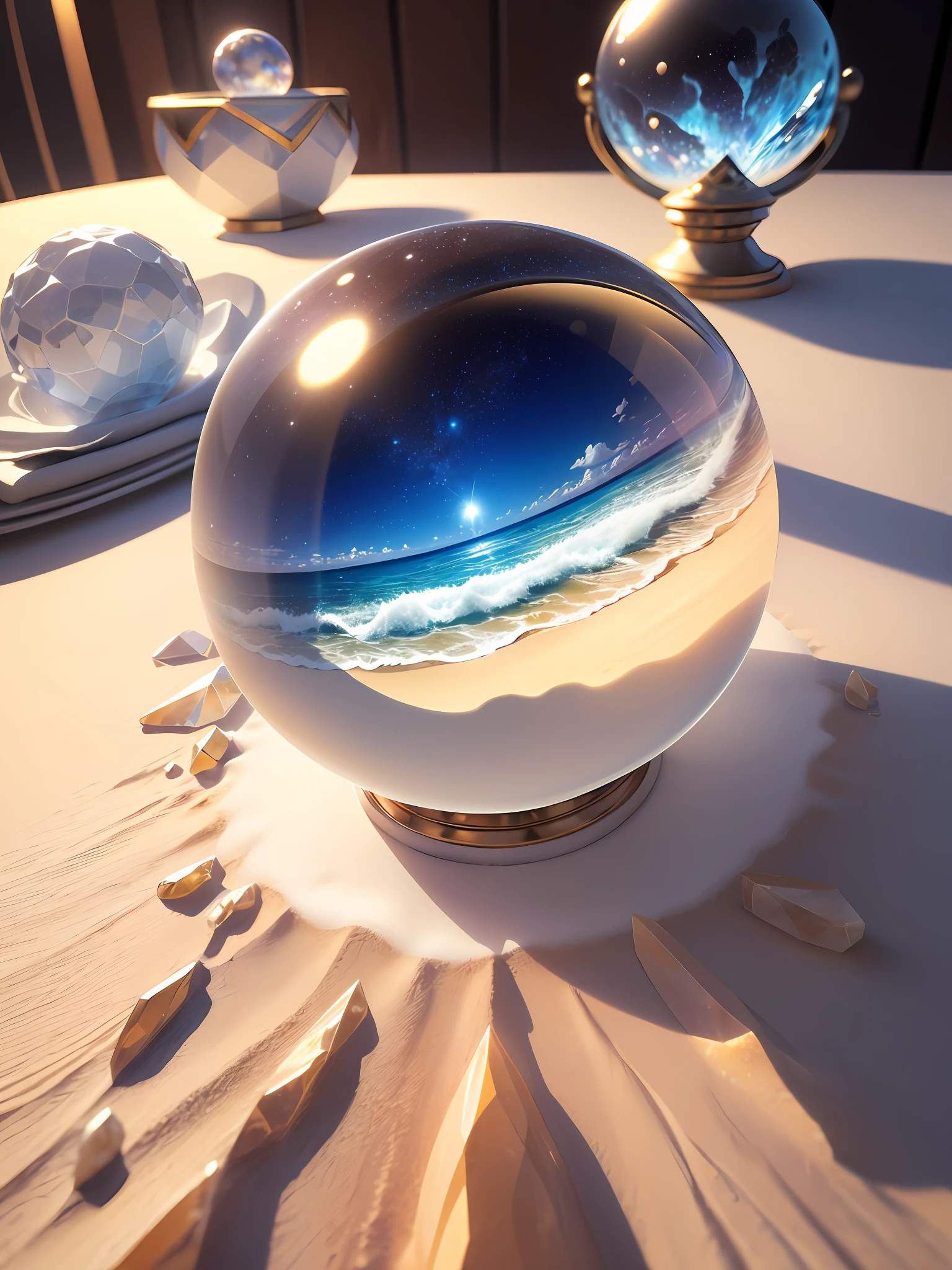 Ultra-realistic, 16K high resolution, (Max Sharp Focus: 1.3), (Max Close-up: 0.5), (Earth trapped in a crystal perfect ball with pedestal on table: 1.7), (Waves, White Sand, Milky Way: 1.3)