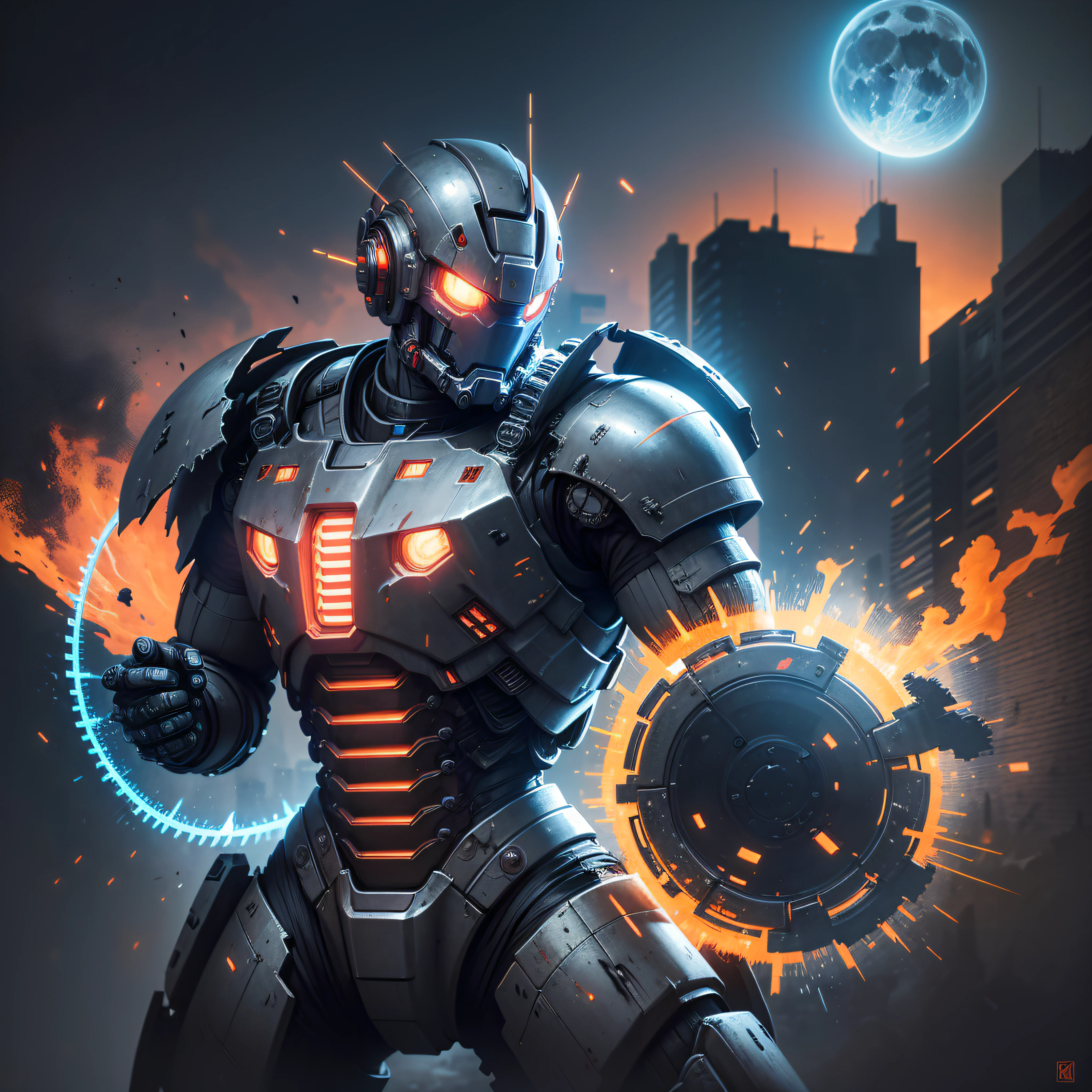 On the moon, barren planet, ruins, holding weapons, no humans, glowing, robot, building, glowing eyes, orange mech, science fiction, city, reality, mecha, galaxy background, full body, neon, cyber Punk, 8K wallpapers, ultra-detailed artwork, cinematic lighting, realistic photos, Dark_Fantasy, Cyberpunk, (chain saw, chain saw man, Red: 1.1), 1man, Mechanical marvel, Robotic presence, Cybernetic guardian, wearing a worn-out machine armor suit, intricate, (steel metal [rust]), elegant, sharp focus, photographed by greg rutkowski, soft lighting, vibrant colors, masterpiece, ((street)), cowboy shot, dynamic pose, --auto --s2