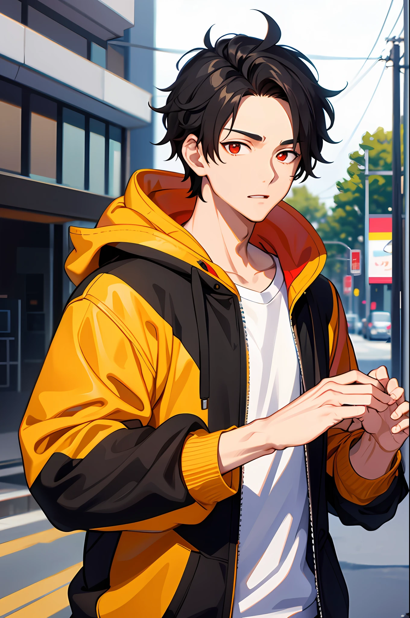 1 boy, handsome boy, black hair, comma hair, comma forehead hair, korean hair, street style, hoodie, bright, red eyes, looking at system screen, upper body