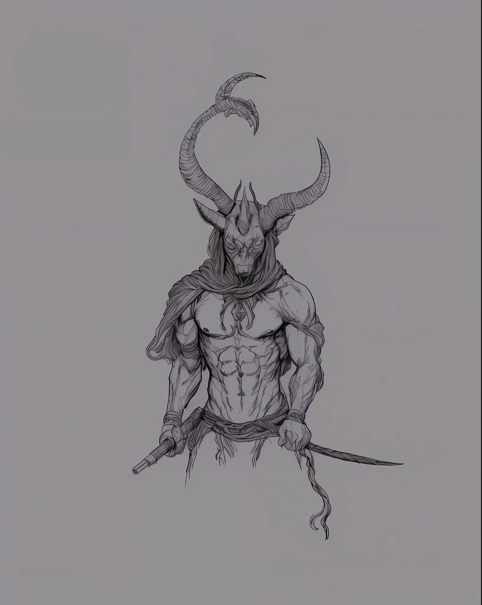 drawing of a horned man holding a Gun in his hand, horned god, with horns, fit male demon with white horns, demon horn, angry god anubis, doom demon, in a horned helmet, ink and ballpoint, drawn in fine-tip pen, drawn in ballpoint pen, inspired by Heinrich Kley, baphomet, in quicksand, hang from a tree with a rope knot from his neck, couldnt die so he put a gun down on his head