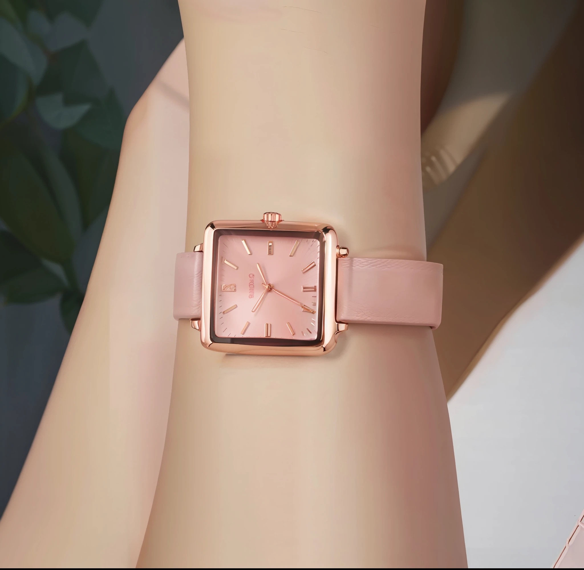 Lady wrist wearing watch, skin texture, female skin, rose gold case, pink strap, ray tracing, aesthetics, details, masterpiece, 32K, realistic, poster texture, chiaroscuro