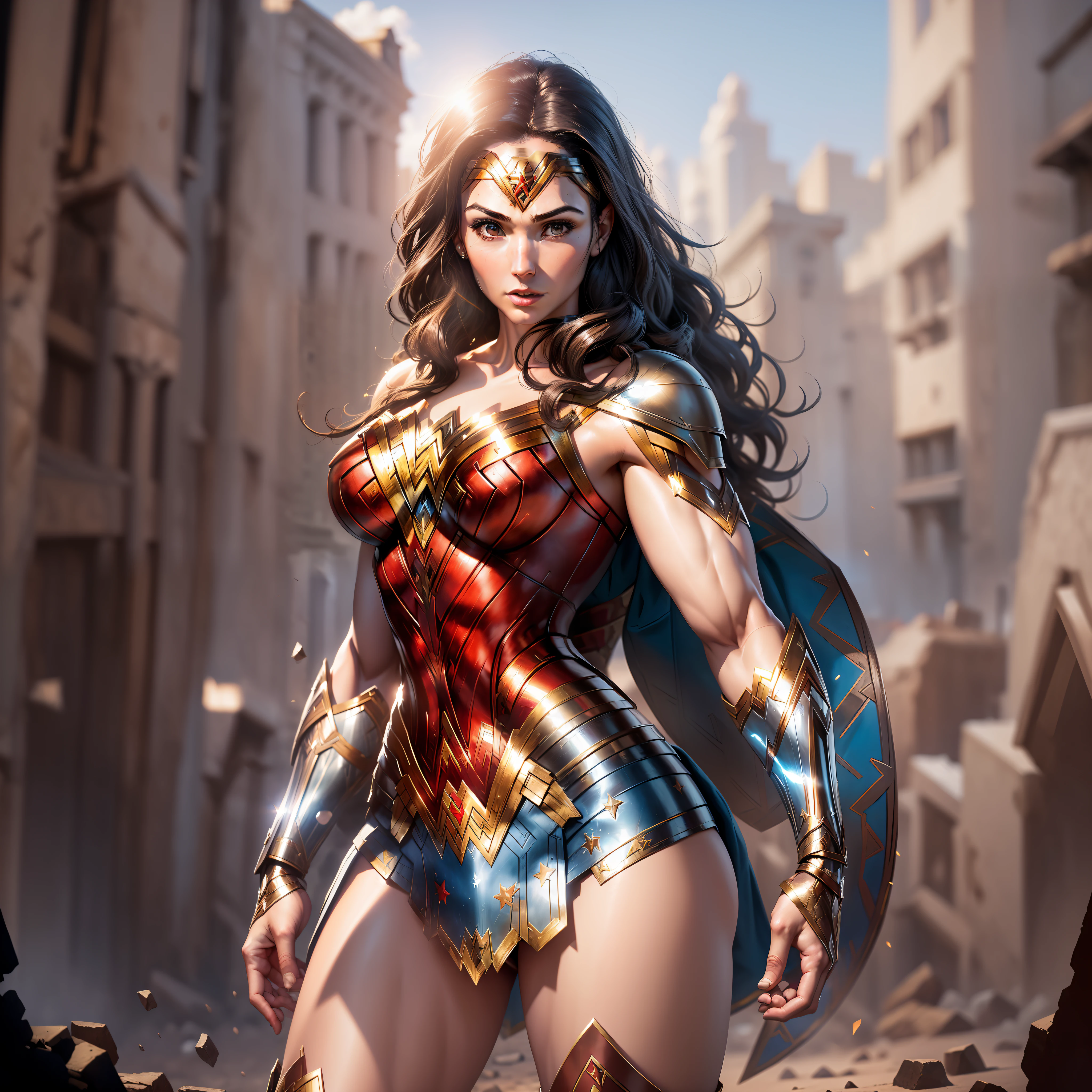 (Masterpiece, Superb Quality, Super Detailed, High Resolution), Male Focus, ((Wonder Woman)), (((Muscle))), ((Muscle Detail))), (((Wonder Woman Armor)))) pose for photos, City ruins, Background details, (((Full body))), (((Wonder Woman Huge Sense))