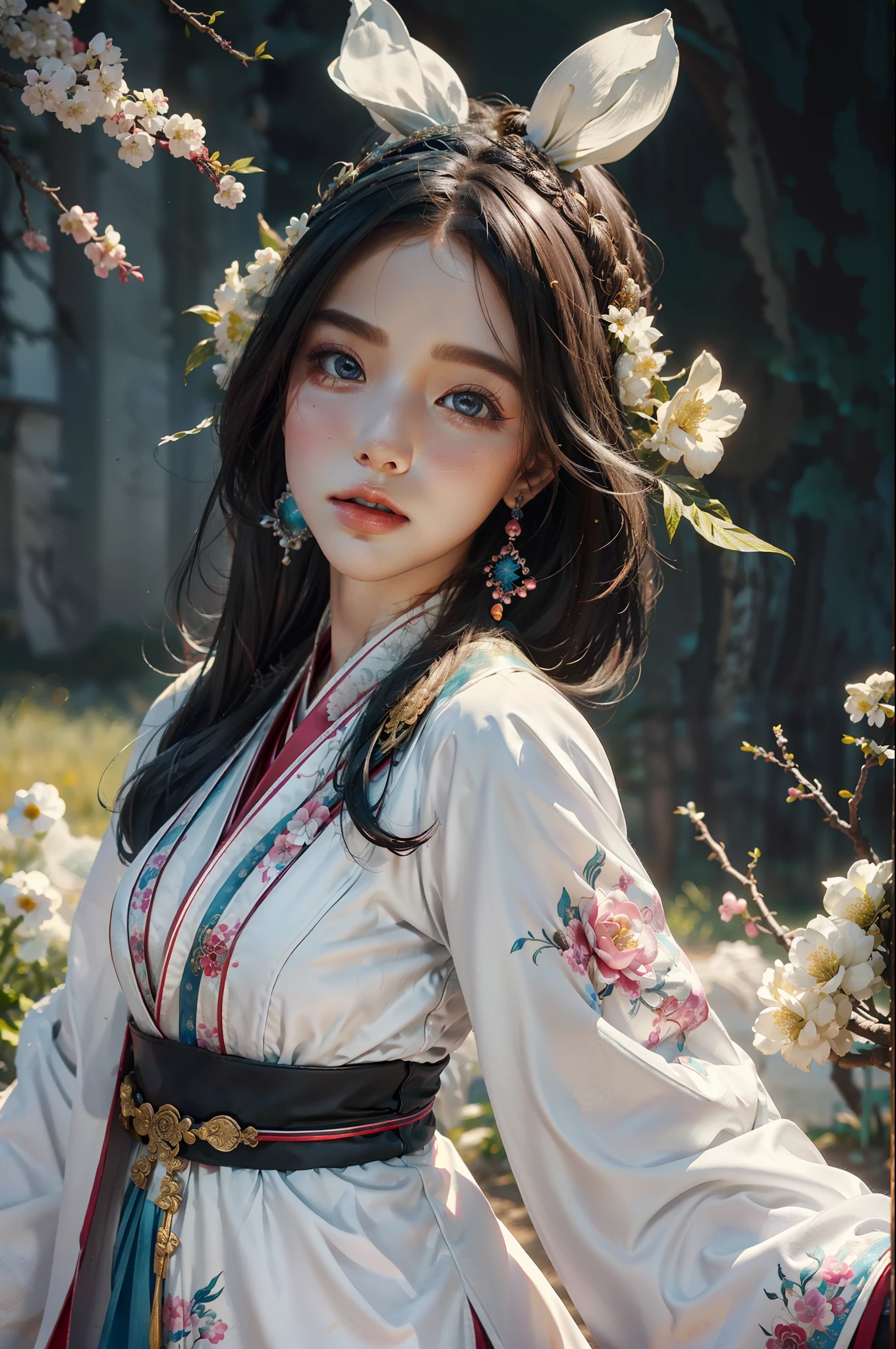 zhongfenghua, 1girl, (full body) solo, hanfu, flower field, blossom, (white smokes:1.3) (photorealistic:1.4), zentangle, mandala, entangle, official art, unity 8k wallpaper, ultra detailed, beautiful and aesthetic, masterpiece,best quality, (dynamic angle:1.4), glowing skin, (floating colorful sparkles:1) the most beautiful form of chaos, elegant, a brutalist designed, vivid colours, romanticism depth of field,