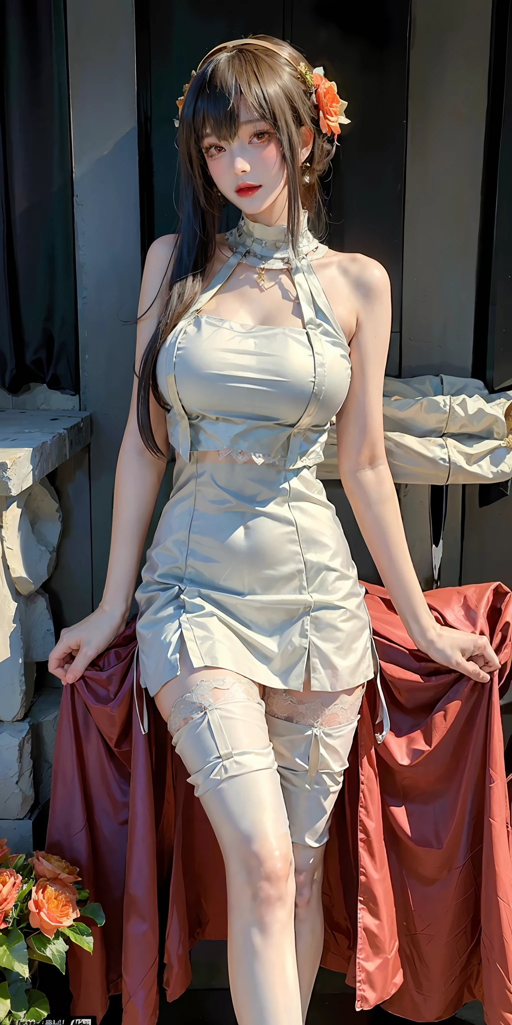 (Masterpiece: 1.2, Best Quality), Realism, (Real Pictures, Intricate Details, Depth of Field), (1girl, Solo), Makeup, (((Lips Apart))), High Detail, (((Perfect Face))), (Huge Breasts: 1.4), (Skindentation), ((Slender Legs)), Wide Buttocks, Thin Waist, Tall, Coral Lips, Long Hair, Dark Eyes, ((Beauty Wearing Super Short Crop Navel White Lace Short Vest Wedding Dress, (Showing Slender Waist), Lace super short b-short skirt, slender beautiful legs, lace stockings, enchanting body)), (sweating: 1.2), (wet), sexy, blush,