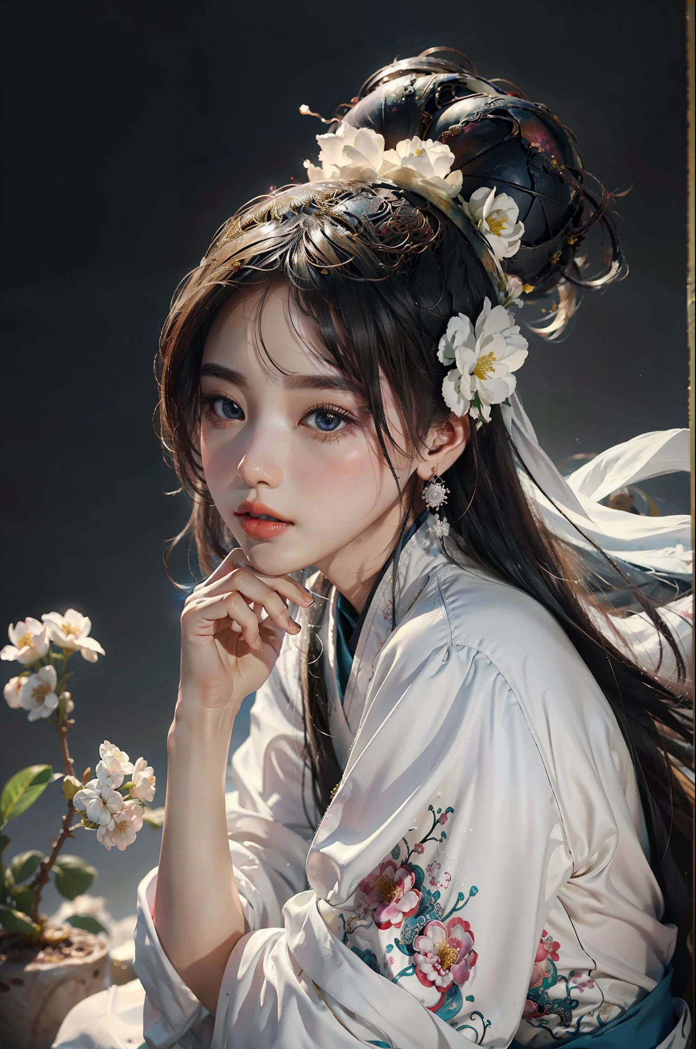 zhongfenghua, 1girl, (full body) solo, hanfu, flower field, blossom, (white smokes:1.3) (photorealistic:1.4), zentangle, mandala, entangle, official art, unity 8k wallpaper, ultra detailed, beautiful and aesthetic, masterpiece,best quality, (dynamic angle:1.4), glowing skin, (floating colorful sparkles:1) the most beautiful form of chaos, elegant, a brutalist designed, vivid colours, romanticism depth of field,