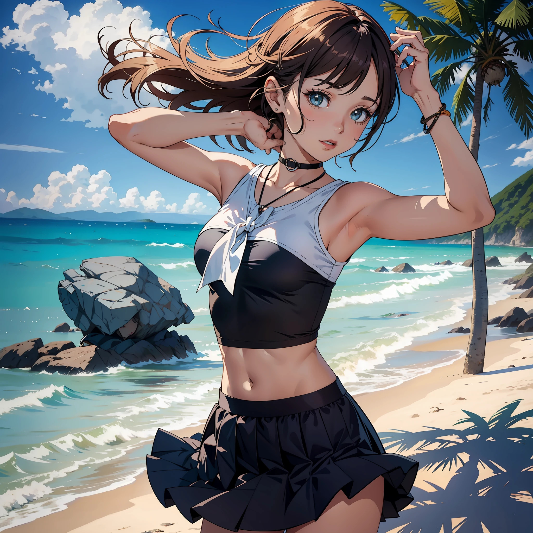 Woman wearing a skirt and a small top in a beach danccing happy