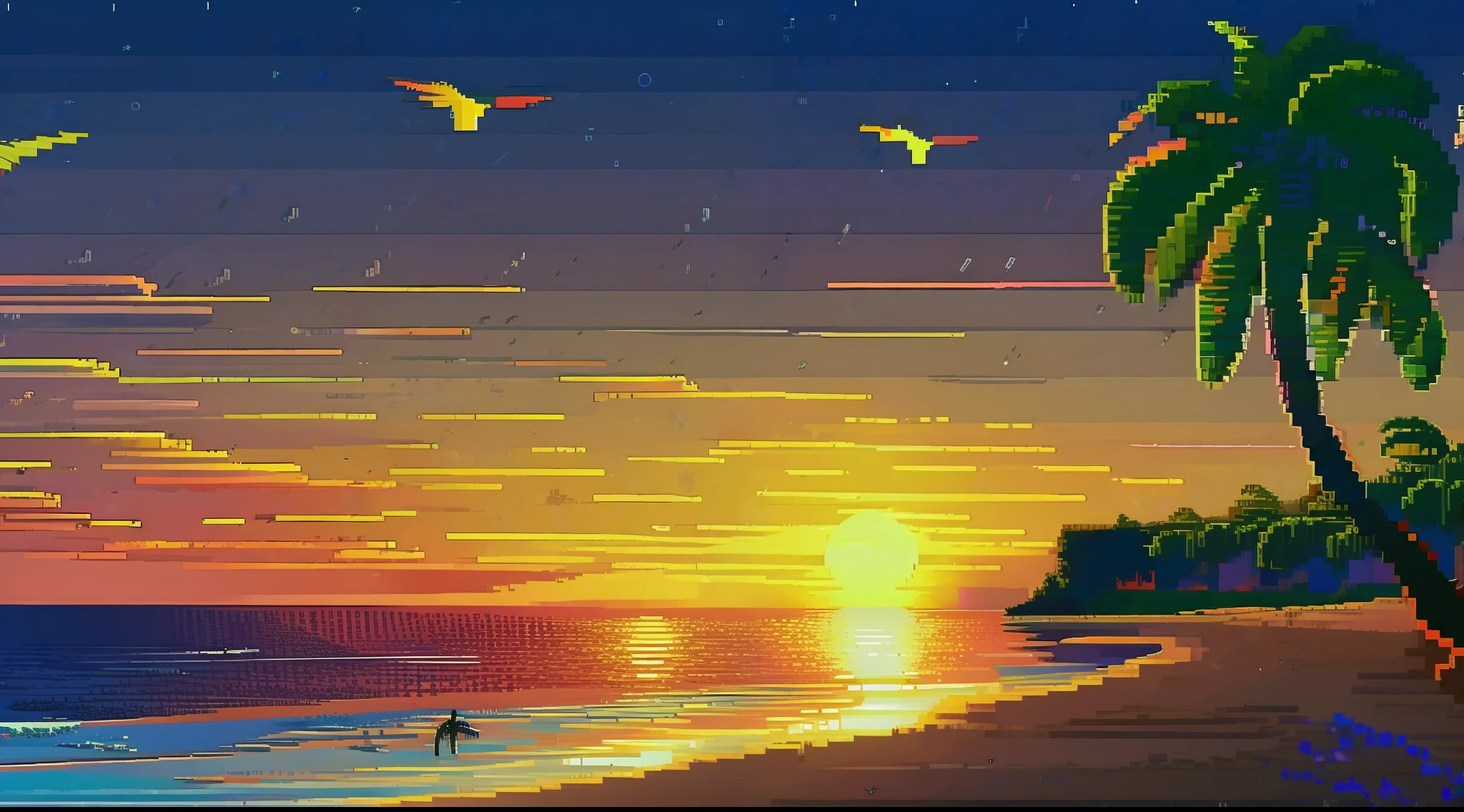 A vibrant pixel art scene depicting a serene beach at sunset, with gentle waves rolling onto the shore, palm trees swaying in the breeze, and seagulls soaring in the sky. The scene is filled with warm hues of orange, pink, and purple, creating a peaceful and tranquil atmosphere. Pixelart, full pixel