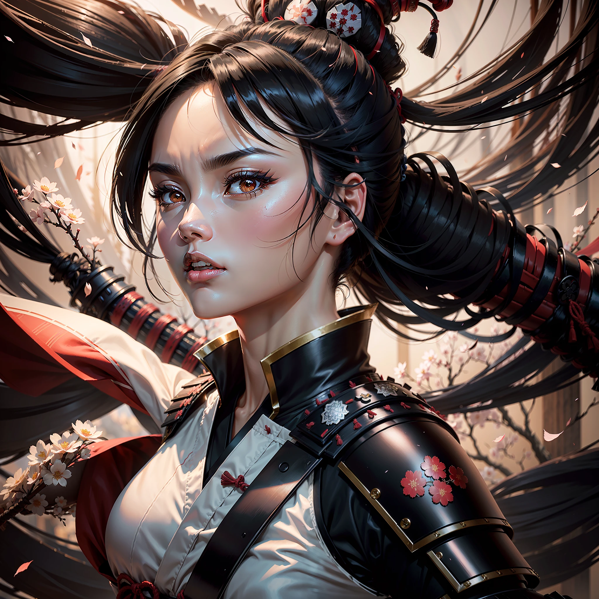 ((best quality,high resolution)), a female samurai character in a powerful posture, wearing a very detailed and high-quality traditional samurai armor, black hair and high volume, blurry background with Japanese effect, Sakura falling around her, 1:1 profile picture