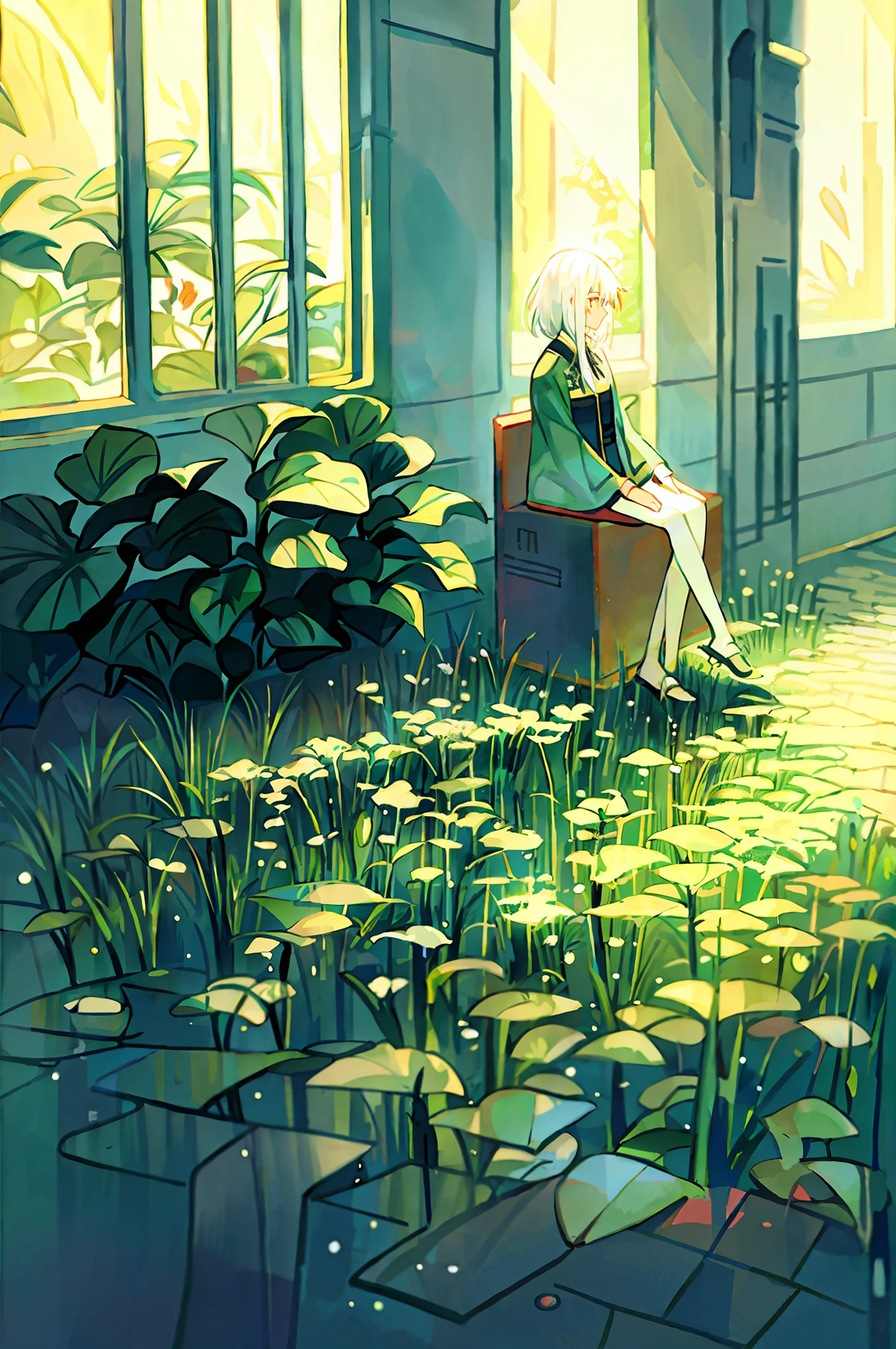 1 girl, white hair, solo, sitting, plant, leaf, flower, gentle, vista