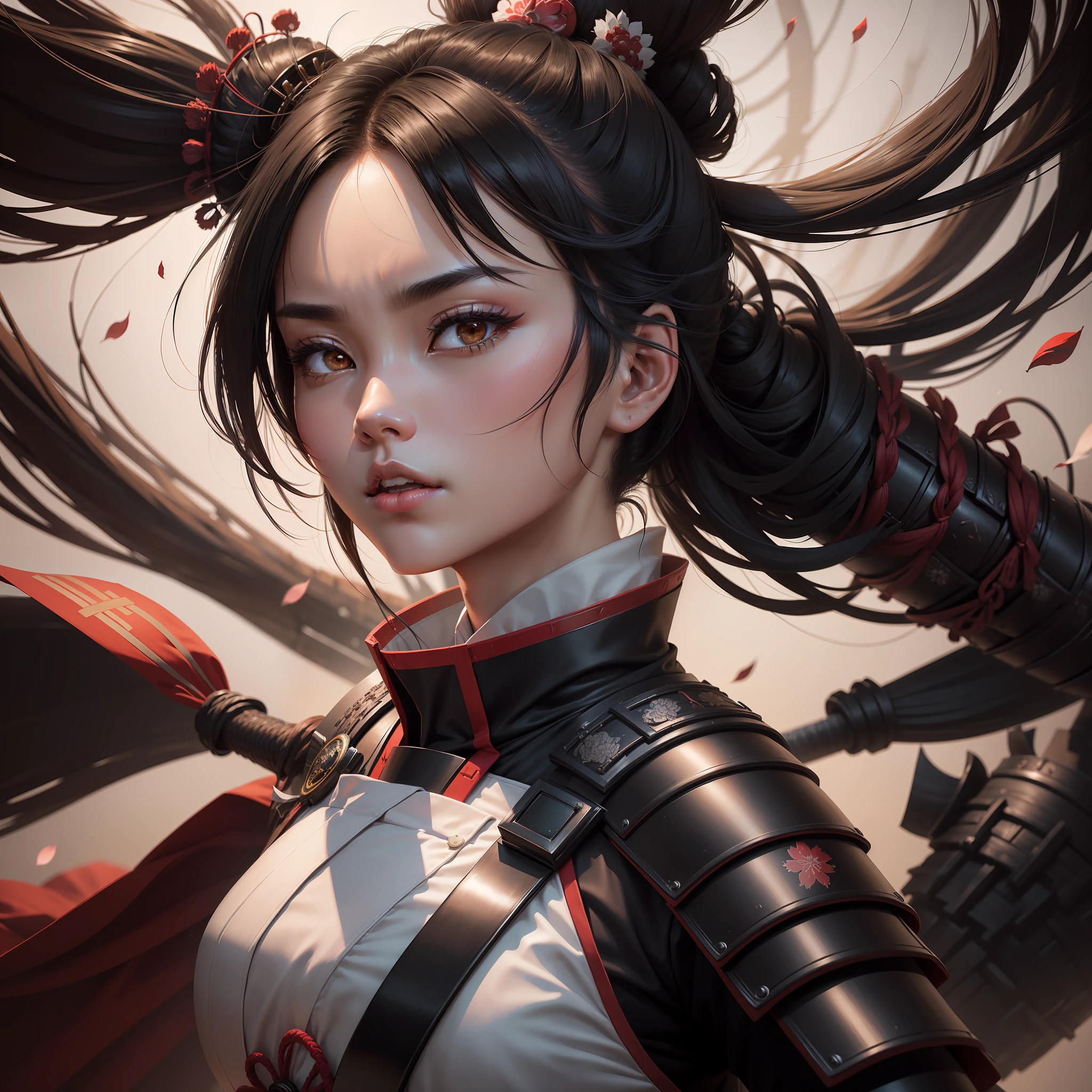 ((best quality,high resolution)), a female samurai character in a powerful posture, wearing a very detailed and high-quality traditional samurai armor, black hair and high volume, blurry background with Japanese effect, Sakura falling around her, 1:1 profile picture