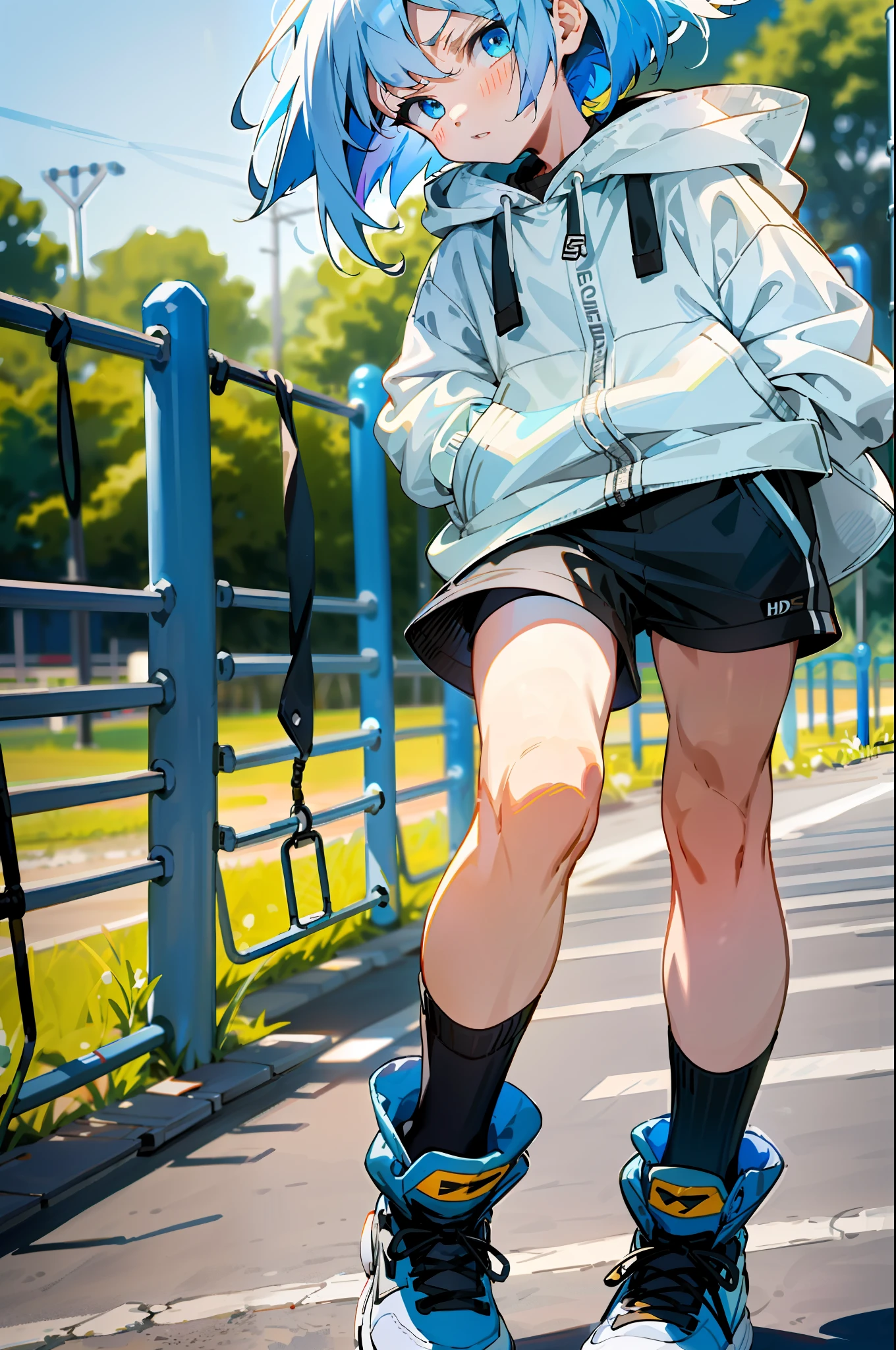HD picture, children's youthful style, animated face appearance, strong and vibrant blue eyes, playground background, white Bob hairstyle 1boy, wearing slim white hoodie and black knee socks, shorts, confident and serious, jumping heel, black shoes, depth of field, hands in clothes pockets.