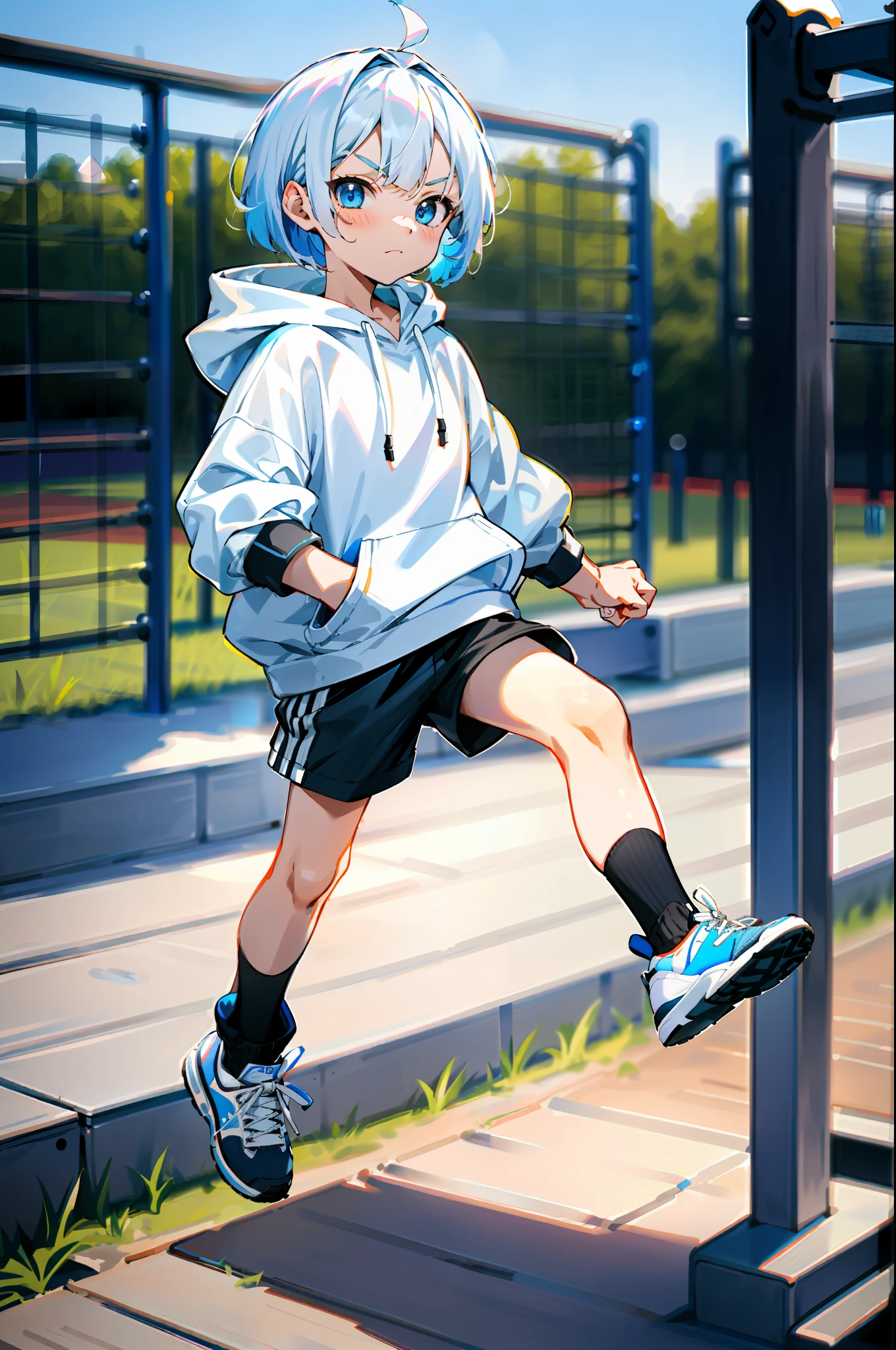 HD picture, children's youthful style, animated face appearance, strong and vibrant blue eyes, playground background, white Bob hairstyle 1boy, wearing slim white hoodie and black knee socks, shorts, confident and serious, jumping heel, black shoes, depth of field, hands in clothes pockets.