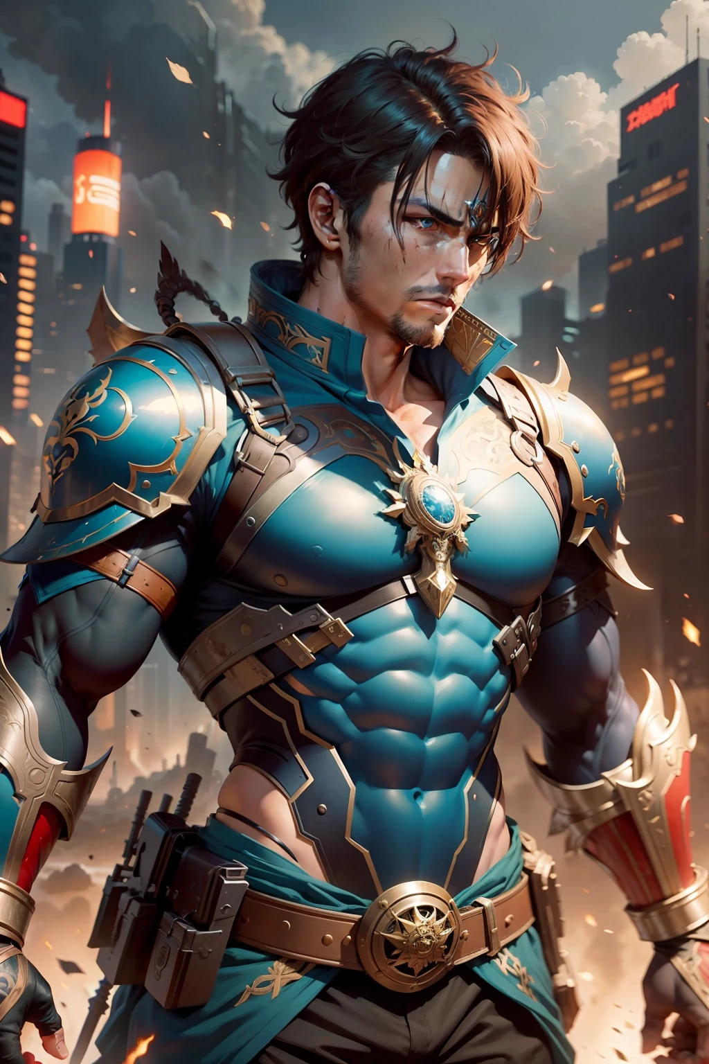 A man hero, intricate details, strong body, eye mask, messy short hair, futuristic warrior armor rich in detail, vivid colors, action setting, centered image, dynamic pose, realistic, anime style, 16k