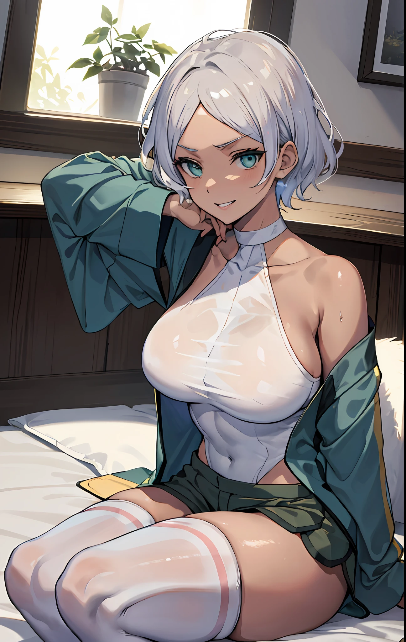 (SFW), masterpiece, best quality, highres 64k, professional artwork, famous artwork, clean, cinematic lighting, beautiful green eyes + detail, beautiful white short hair + detail, multicoloured hair, (very sexy young female body:1.4), ( ((medium breast, lactation))), Seduction:1.2, crazy smile, parted lips,  Seduction looking at the viewer, floating hair,  makeup, 1girl, solo, super wet clothes,  SeceliaUniform, asticassia school uniform,  green shorts,  see-through white leotard, white thighhighs, partially unbuttoned, open fly,  white thighhighs, ((sexy deep brown skin)), indoors, at night, indoors light, rain, window, bedroom, leaning forward, close-up breasts, ( Seduction),